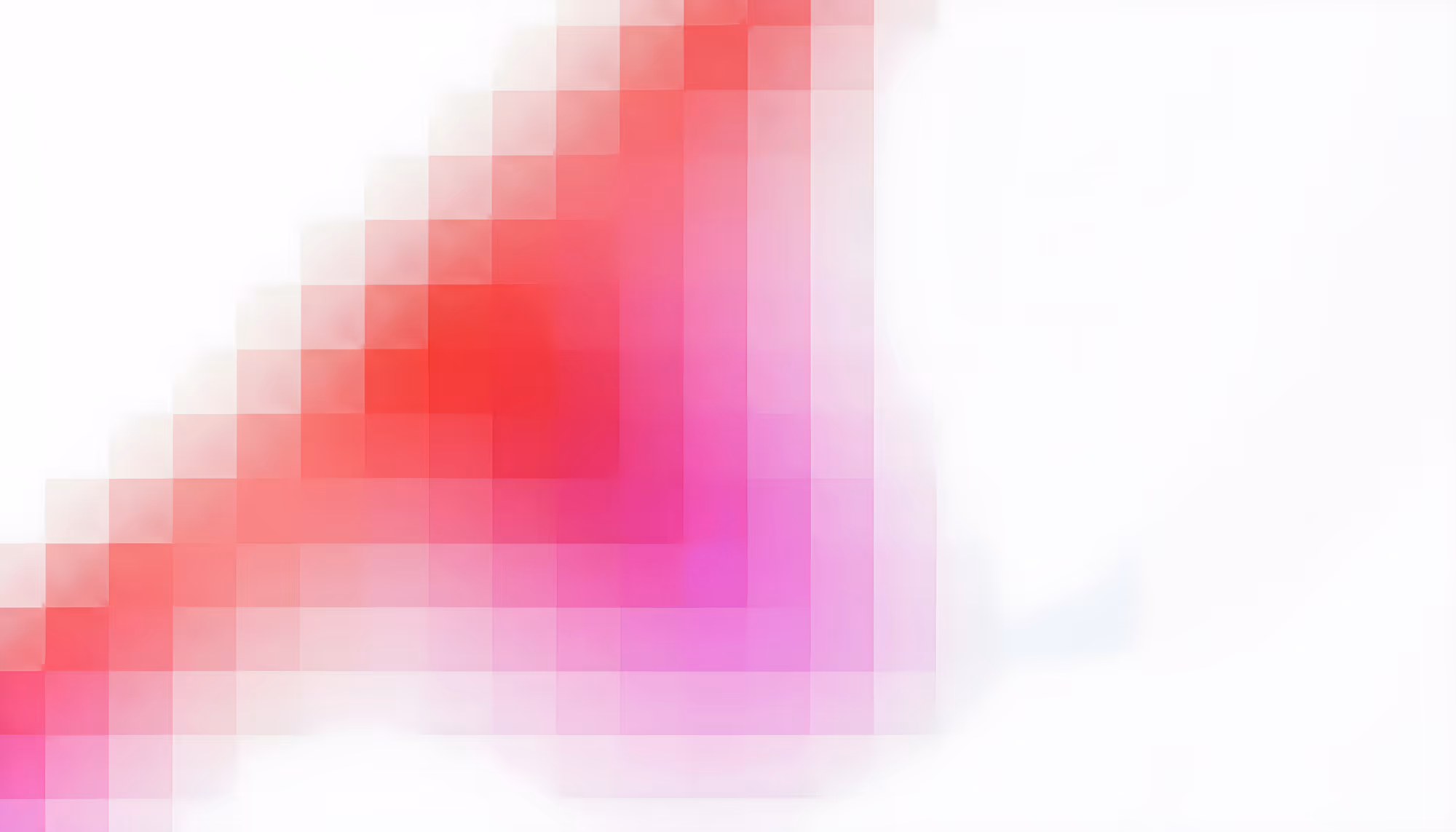 Abstract pixelated mosaic pattern with gradient squares transitioning from red and coral in the upper left to hot pink and magenta in the center, fading to soft lavender and white toward the right edge.