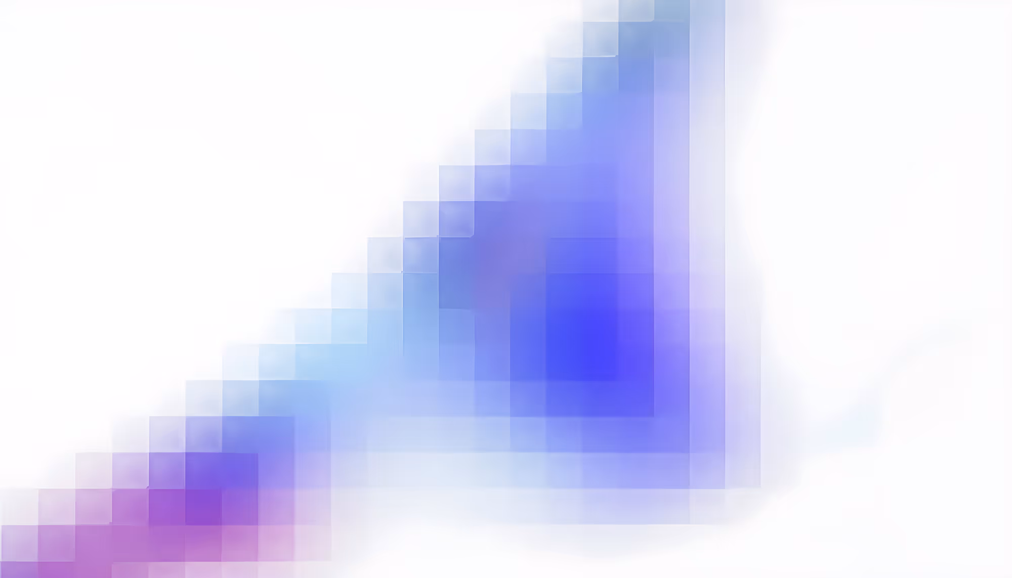 A staircase-like pattern of overlapping translucent squares cascading diagonally from the upper right to the lower left, rendered in a gradient of blue and purple tones against a white background, creating a soft, pixelated mosaic effect.