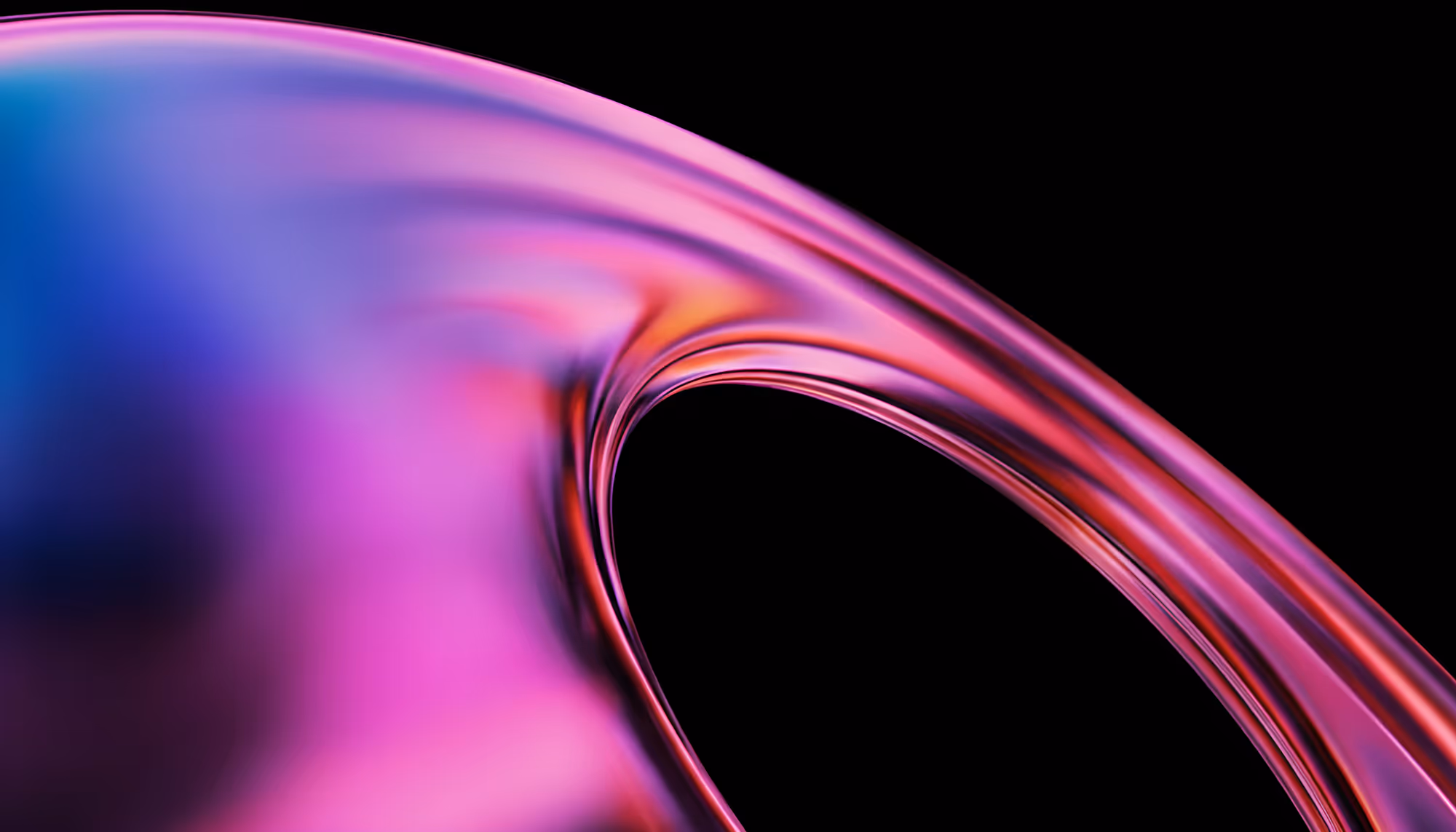 Abstract 3D render of a glossy, iridescent curved ribbon or fluid shape sweeping gracefully against a black background, with shifting colors ranging from deep blue and magenta on the left to copper, orange, and pink along the curving edge.