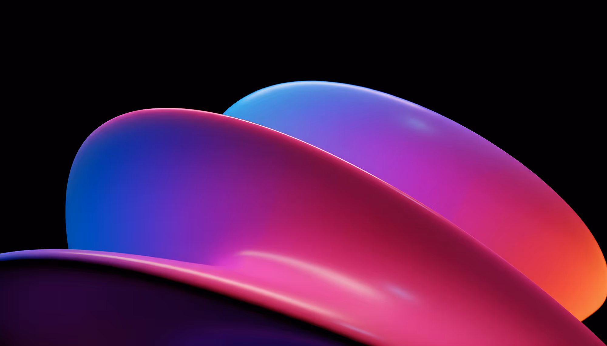 Abstract 3D render of smooth, glossy undulating forms against a black background, featuring vibrant gradients transitioning from electric blue and purple to magenta, pink, and orange.
