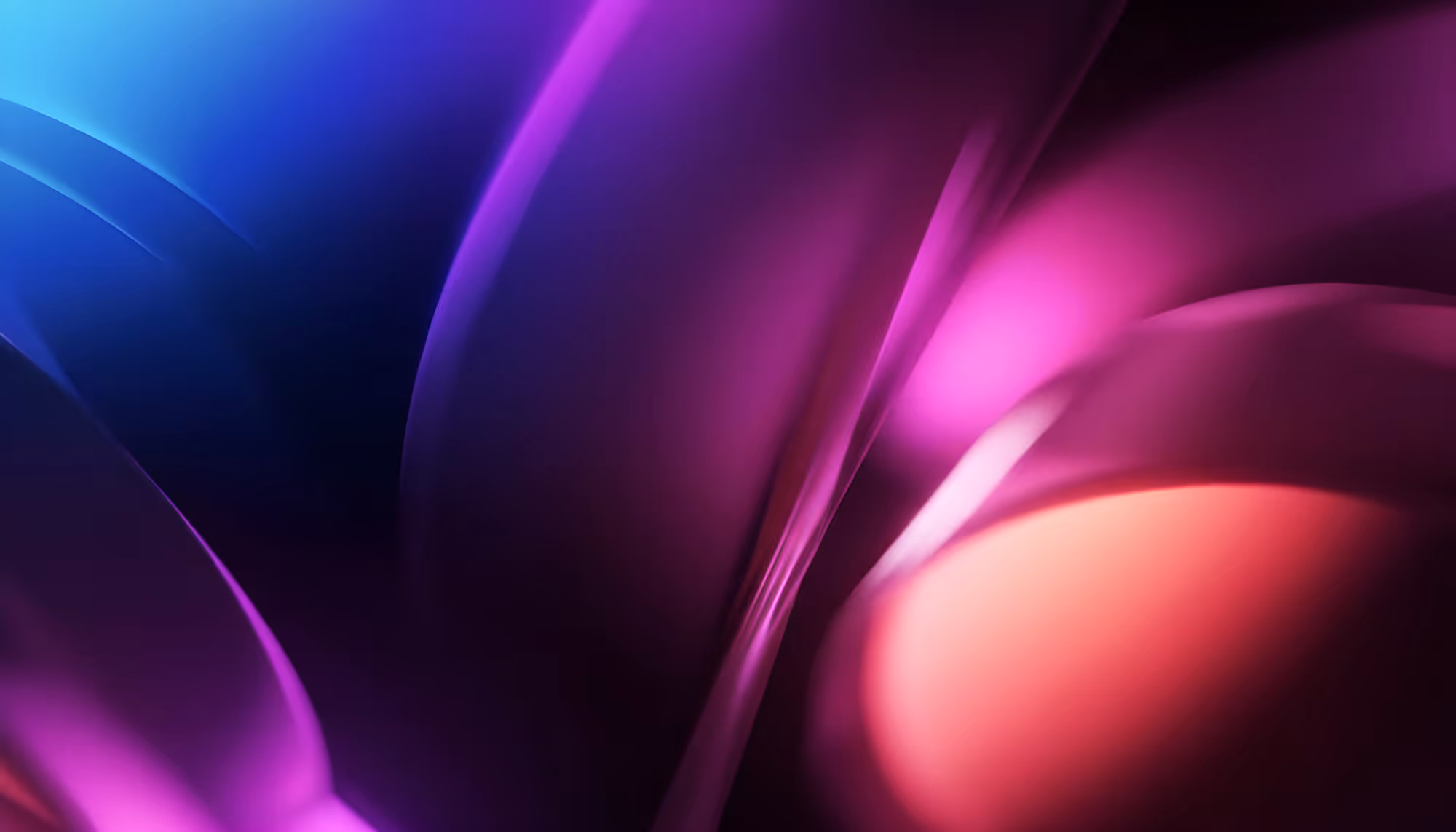 Abstract digital artwork featuring smooth, flowing curves in a gradient of deep blue, violet, and purple on the left transitioning to vibrant magenta, pink, and warm coral-orange on the right, with soft glowing light streaks against a dark background.