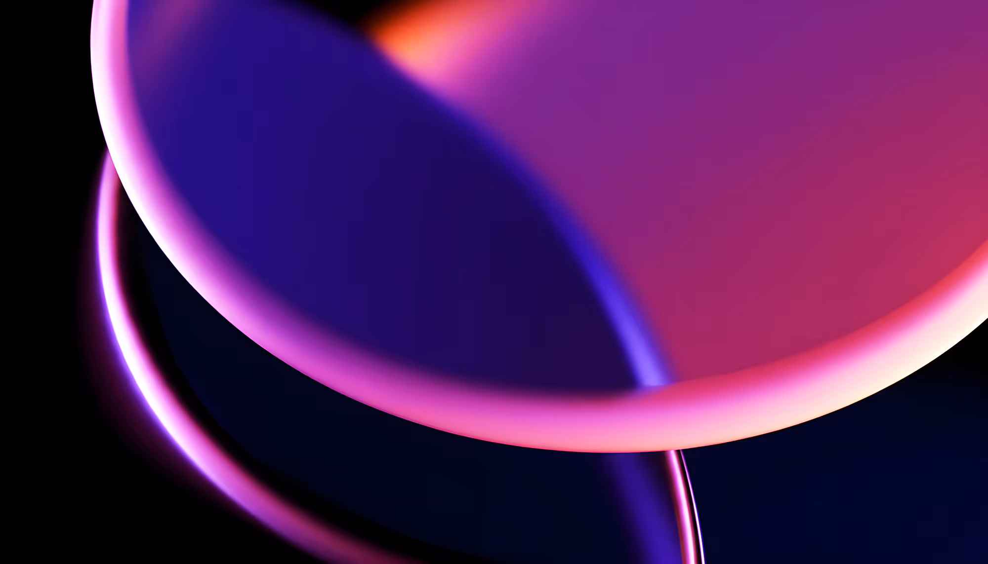 Abstract 3D render of overlapping circular and curved forms with a gradient of deep purple, magenta, and pink tones against a black background, with glowing edges and smooth reflective surfaces.
