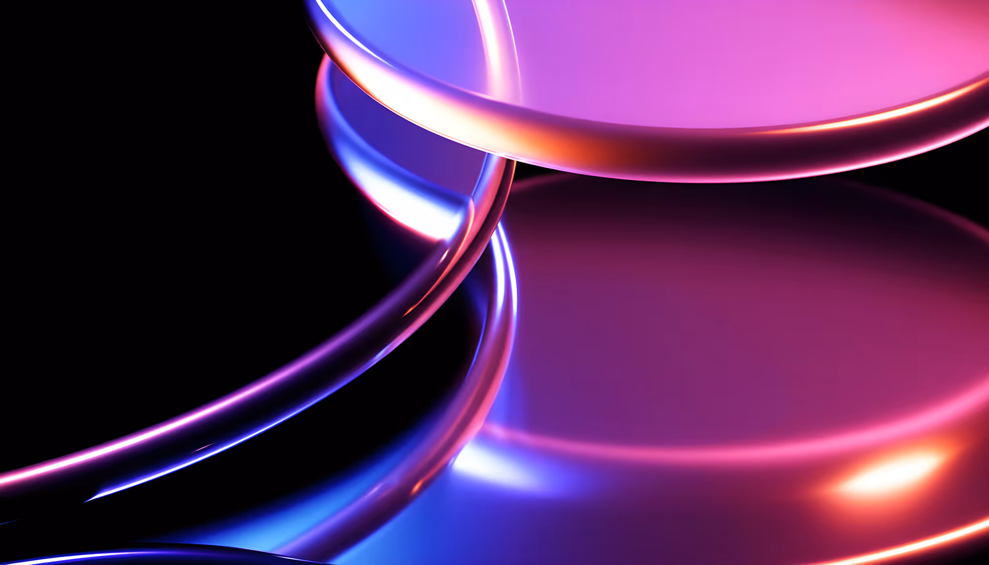 Abstract 3D render of overlapping metallic rings or curved tubes with a glossy surface, illuminated by vibrant neon lighting in shades of pink, magenta, blue, and orange-gold against a black background.