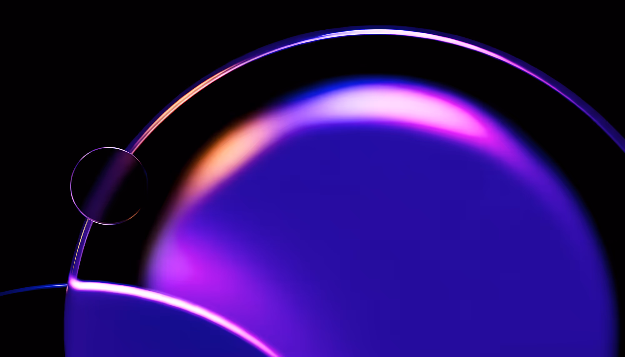 A glowing purple and violet sphere with a luminous orbital ring, accented by magenta and orange light gradients, set against a black background — resembling a stylized planet with a small moon or satellite on its orbital path.
