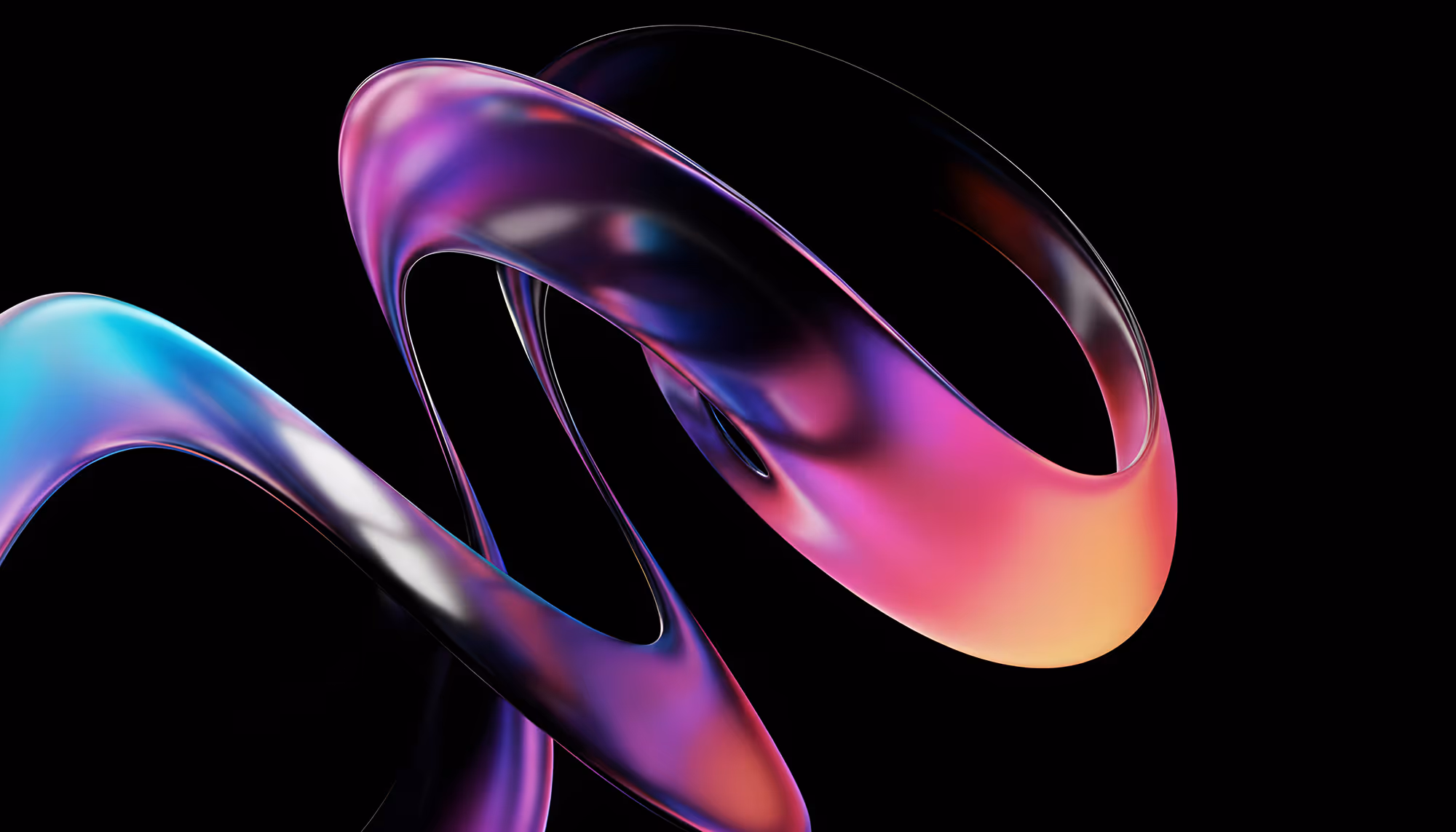 Abstract 3D render of iridescent, interlocking torus-shaped rings with a glossy metallic surface, displaying a gradient of colors including cyan, purple, magenta, and orange against a black background.