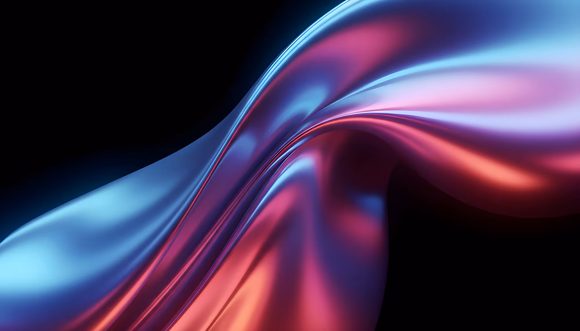 Abstract 3D render of smooth, flowing waves with a glossy, metallic surface transitioning from cool blue on the left to vibrant pink and red on the right, set against a dark black background.