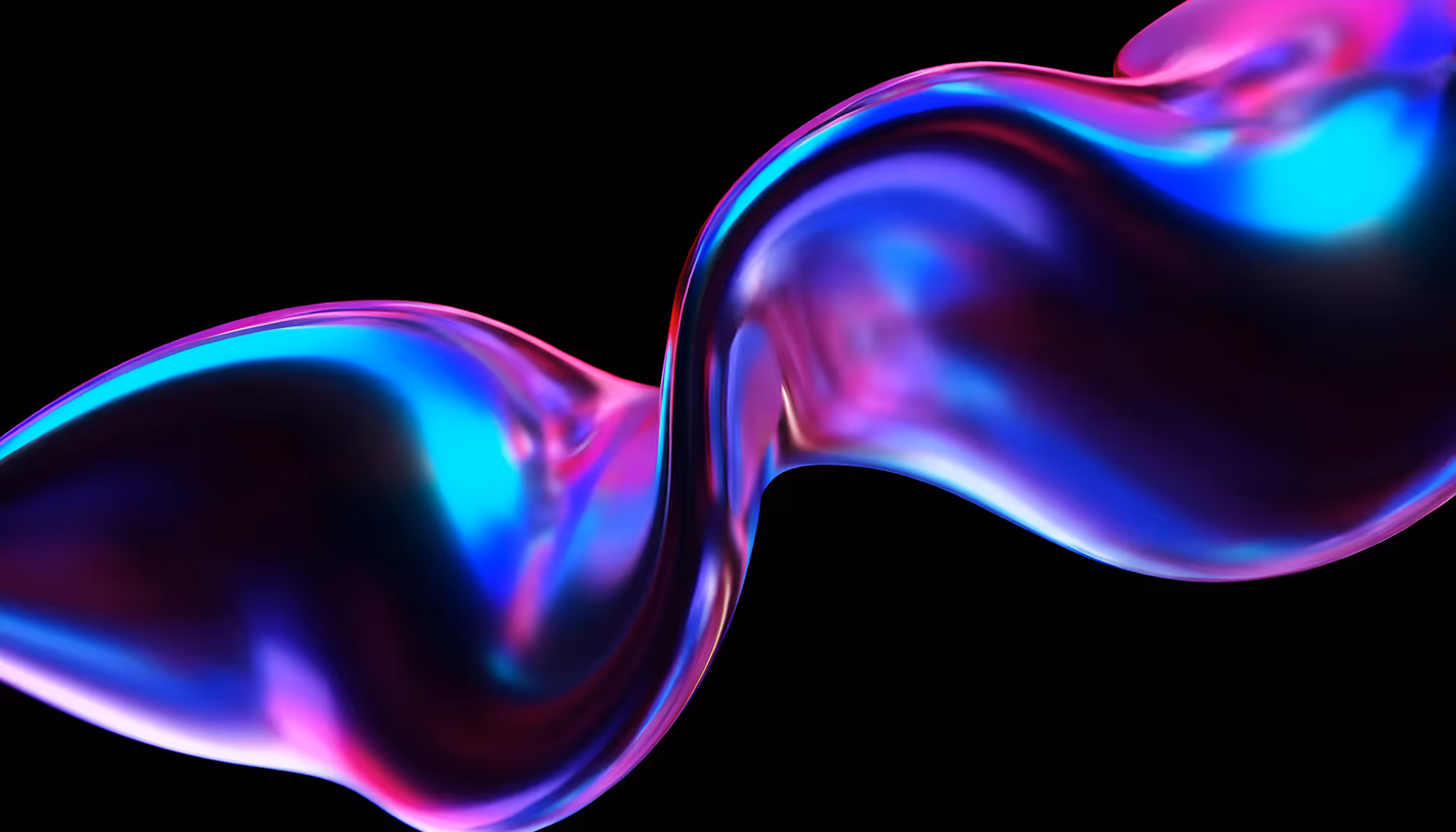 Abstract 3D holographic fluid shape with iridescent blue, purple, and pink metallic sheen, flowing in a smooth wave-like form against a black background.