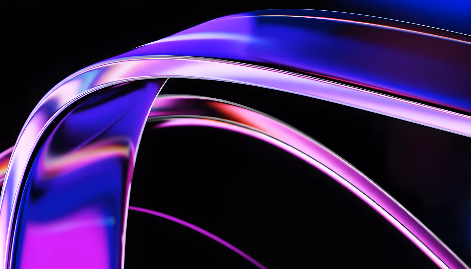 Abstract 3D render of sweeping, metallic ribbon-like curves in iridescent purple, blue, and pink tones against a black background, with a glossy, chrome-like surface reflecting light.