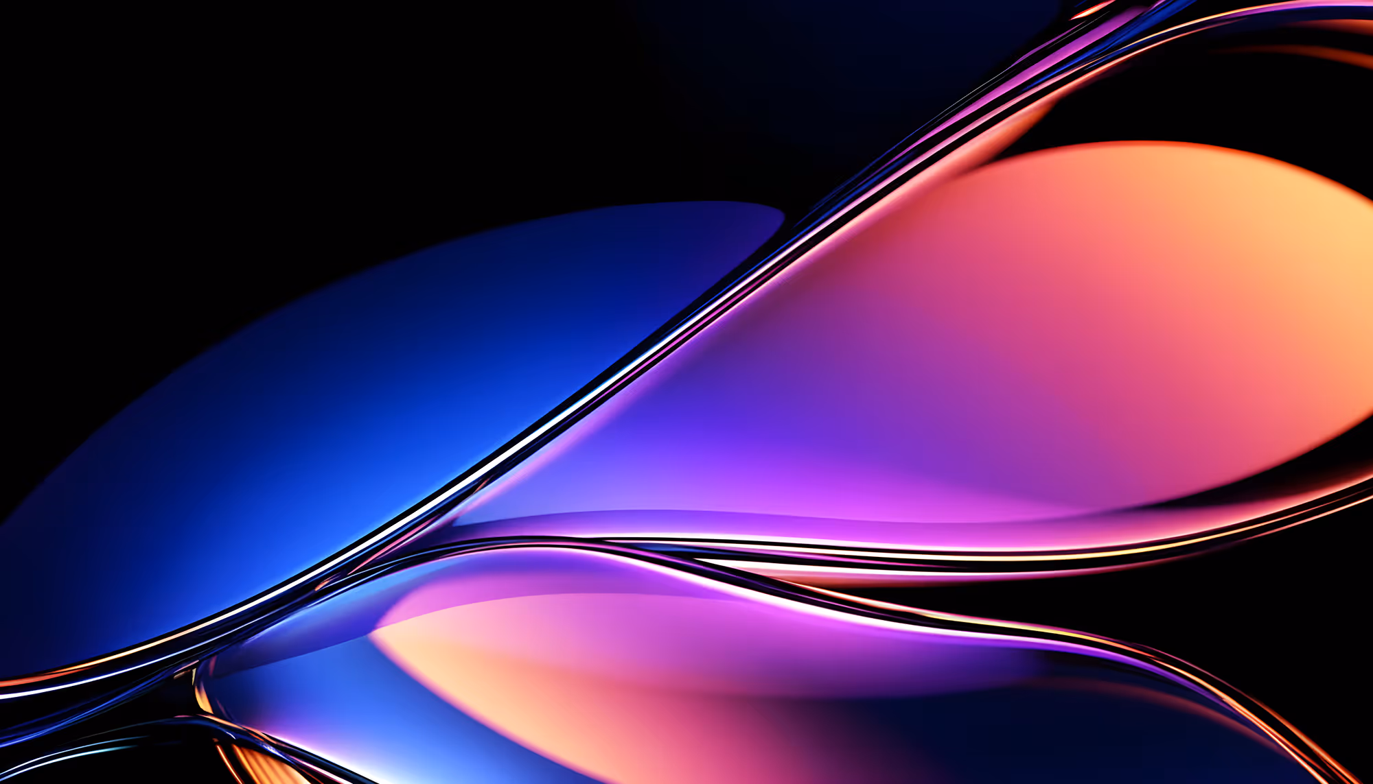 Abstract 3D render of flowing, fluid-like shapes with a glossy metallic surface, featuring smooth curves and organic forms in deep blue, vibrant magenta, pink, and warm orange gradients against a black background.