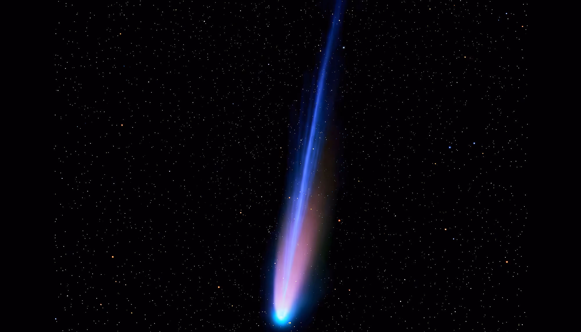 A bright comet with a vivid blue ion tail and a reddish-pink dust tail streaking diagonally across a star-filled black sky.