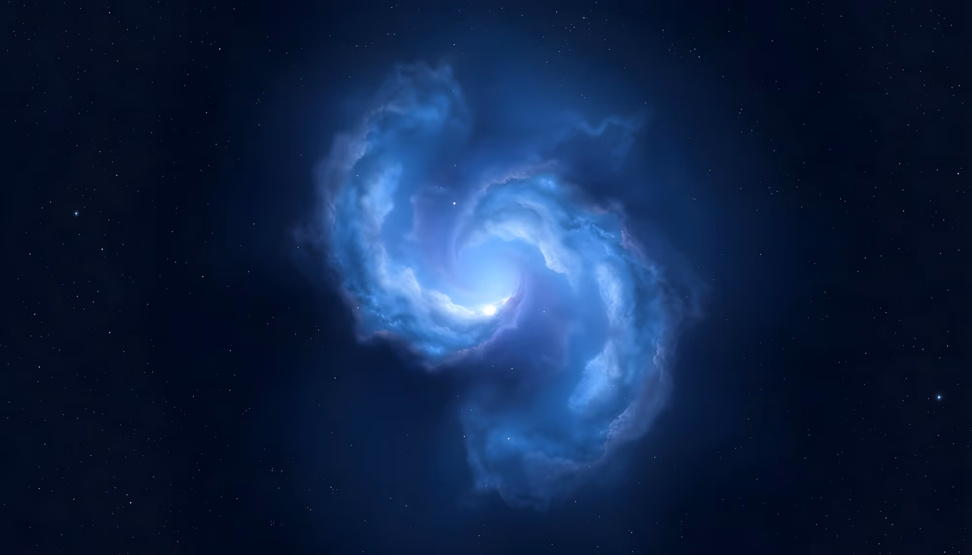 A luminous spiral galaxy or nebula with sweeping blue-white gas and dust arms curling around a bright central core, set against a dark, star-speckled deep space background.