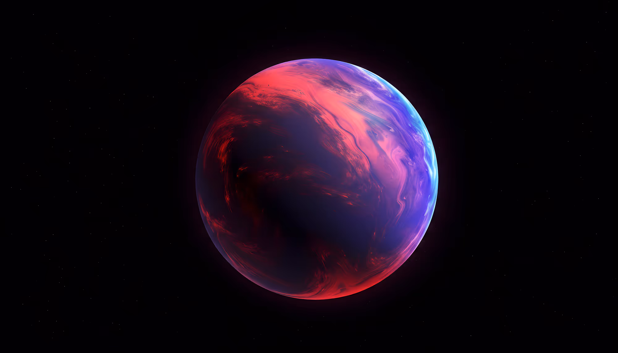 A dramatic digital artwork of a fictional planet floating in deep space, featuring swirling atmospheric patterns in vivid crimson red, deep violet, and electric blue hues against a black starfield background.