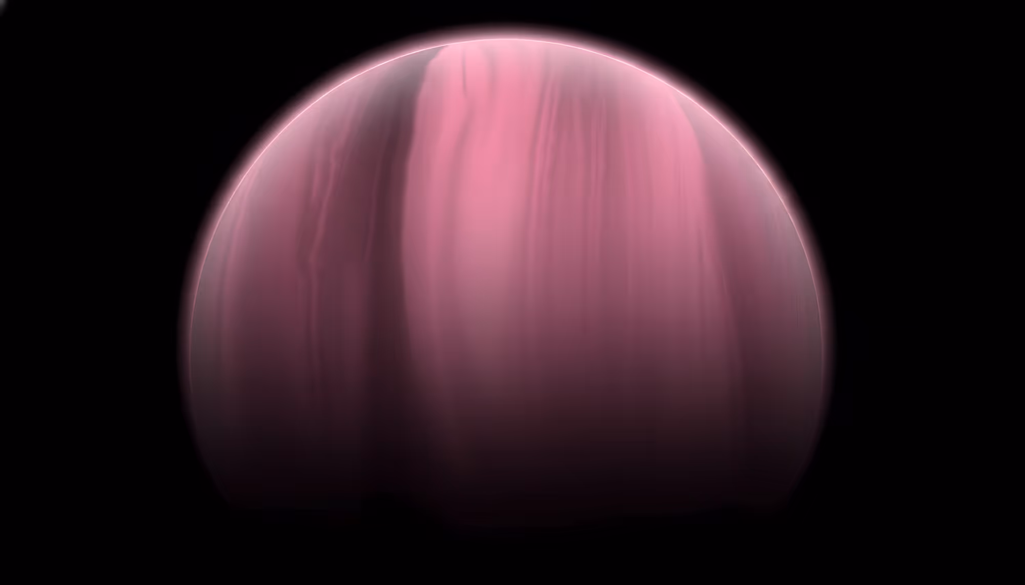 A glowing pink and mauve gas giant planet against a black space background, with vertical streaks and wispy cloud bands across its surface and a soft luminous halo around its edges.