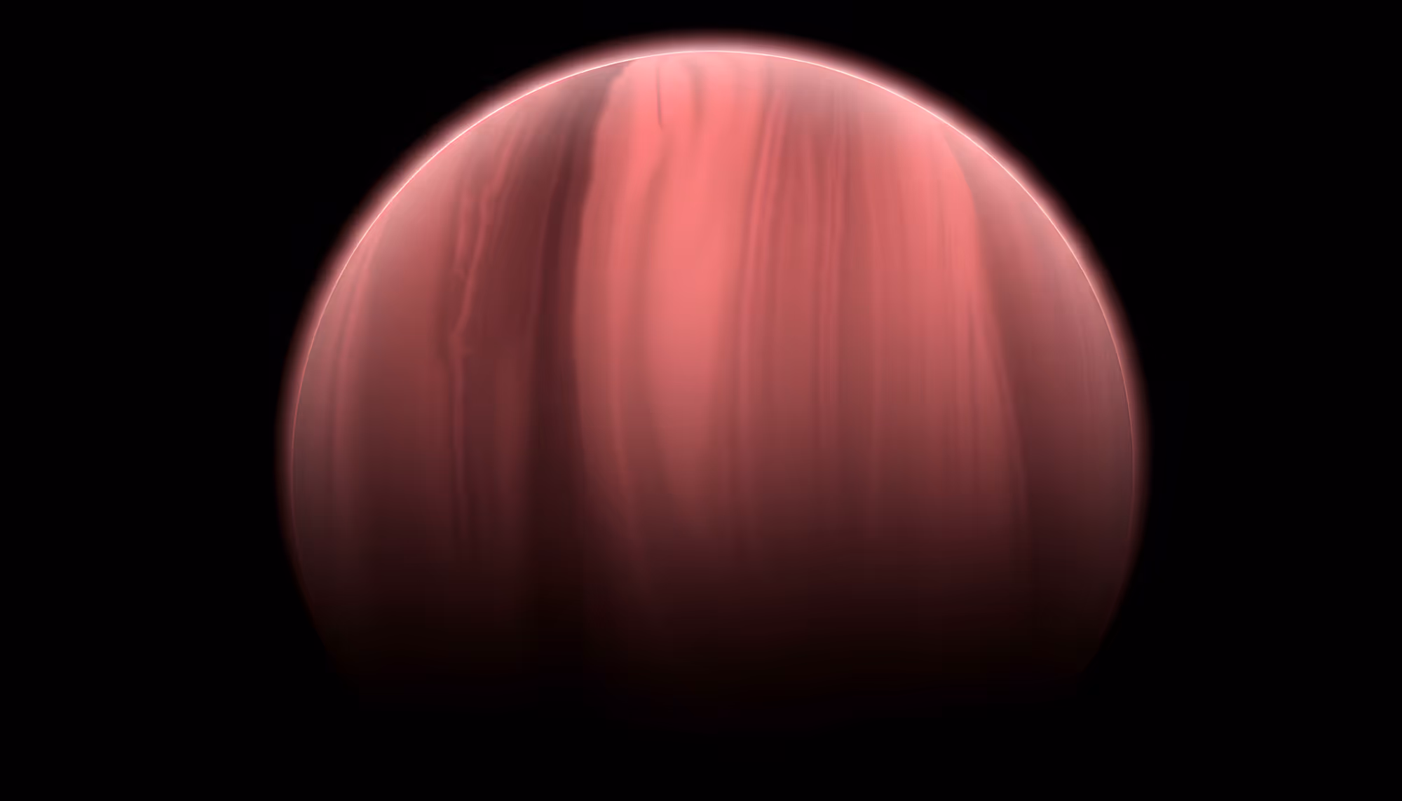 A rendering of a large planet or gas giant against a black background, featuring swirling vertical cloud bands in deep rose and dusty pink tones, with a faint glowing rim of light along its upper edge suggesting illumination from an off-frame star.