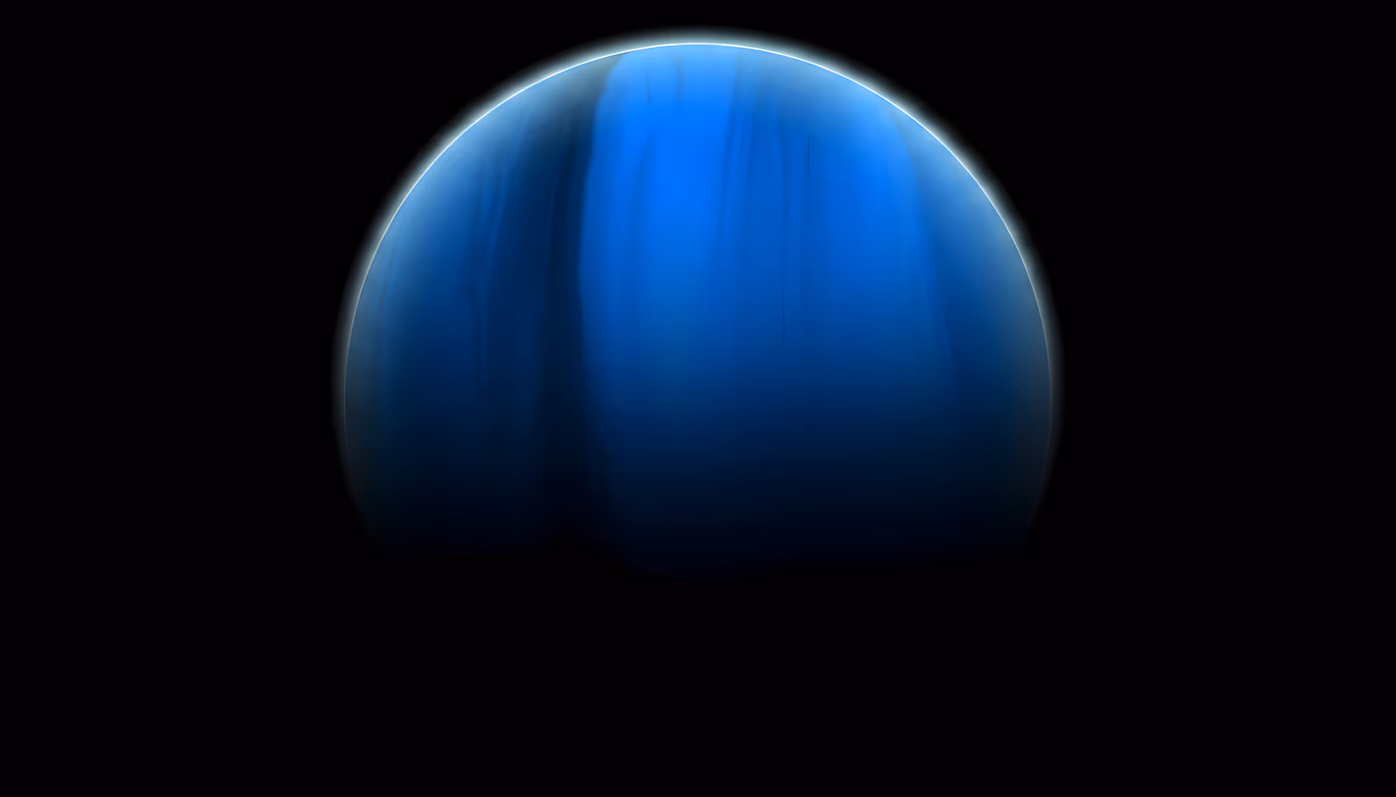 A glowing blue planet or gas giant against a black space background, with vertical streaks of lighter blue suggesting atmospheric cloud bands and a subtle luminous halo around its edges.