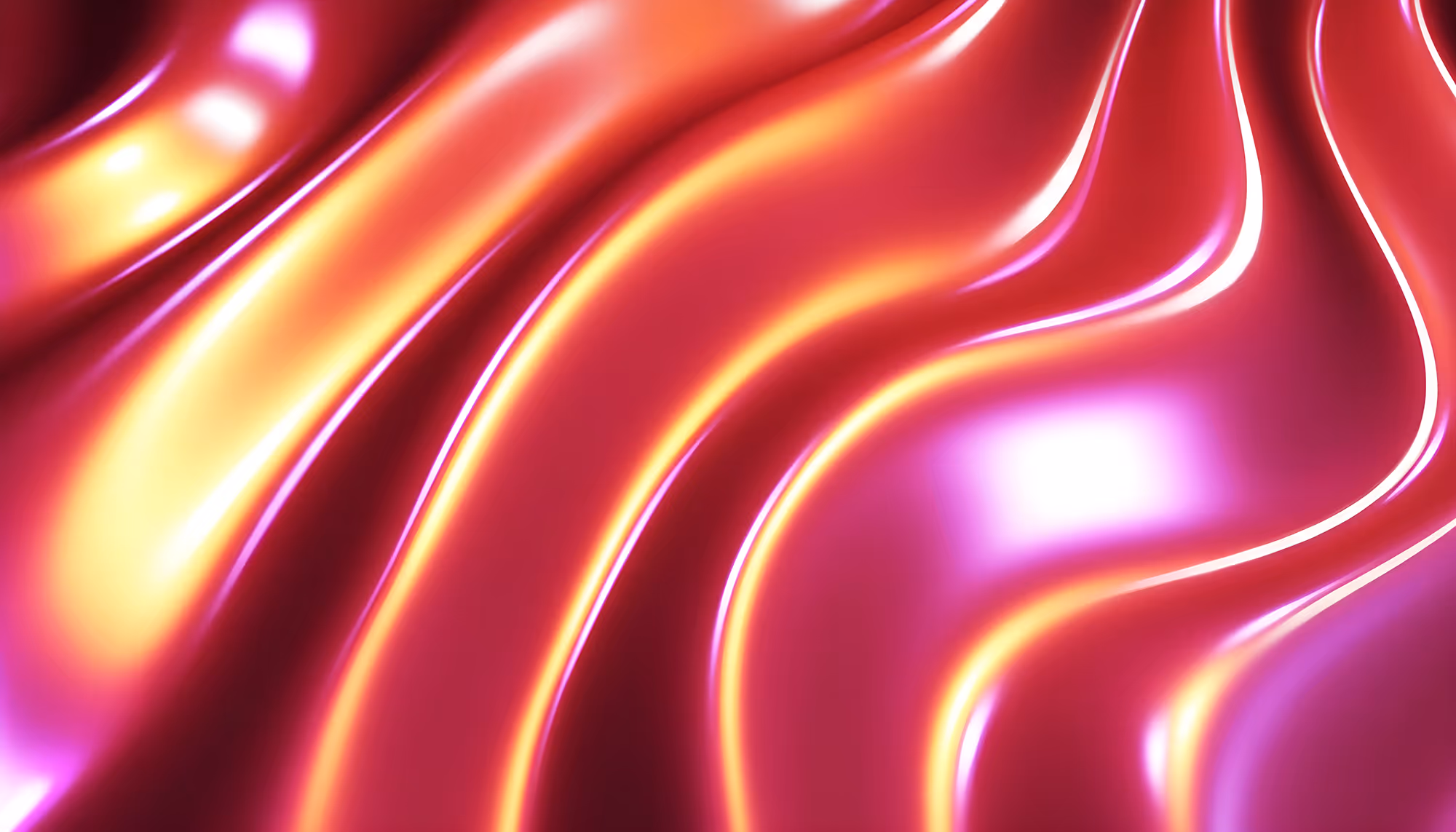 Abstract digital artwork of flowing, wave-like folds in a metallic fabric or liquid surface, rendered in vibrant shades of deep red, magenta, orange, and gold, with bright white highlights tracing the peaks of each curve.