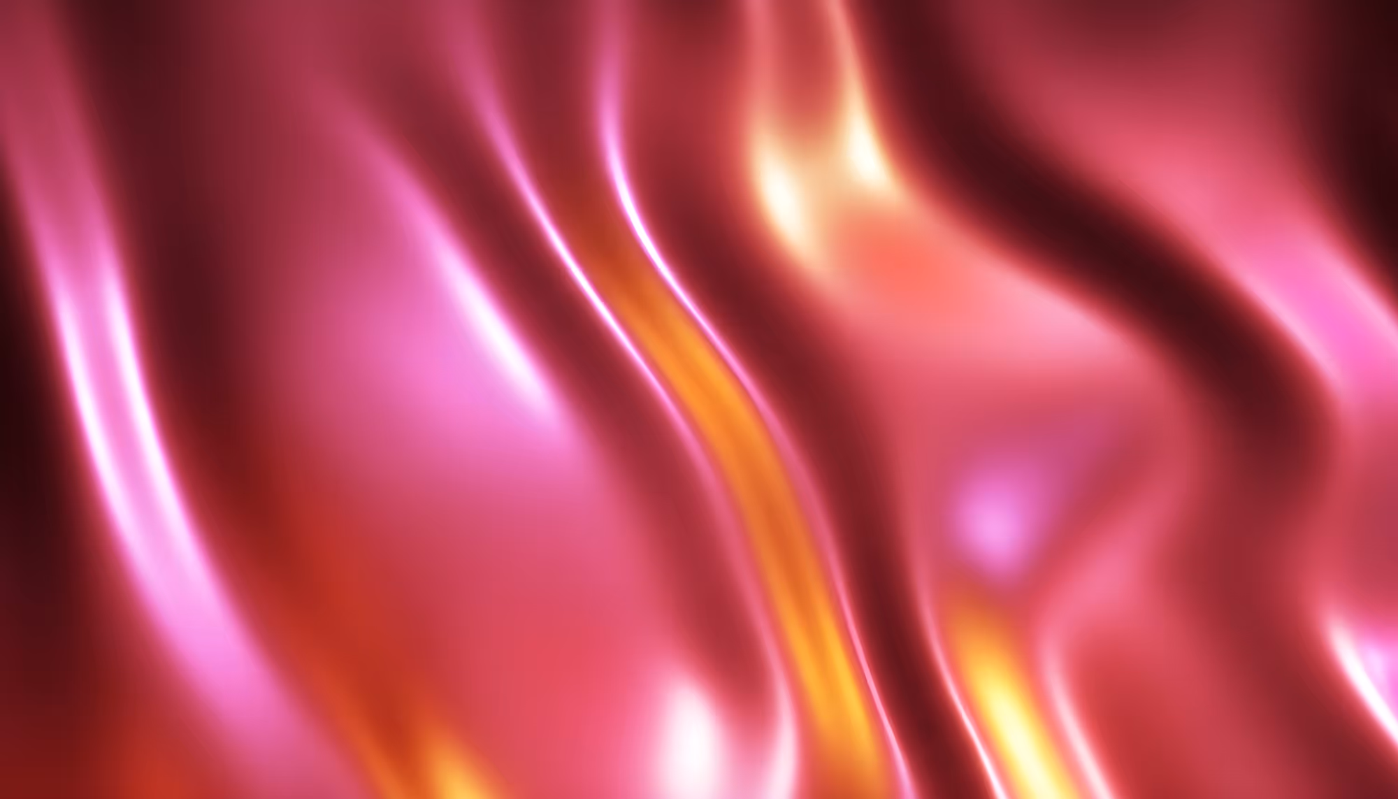 Abstract flowing waves of deep pink, magenta, and golden-orange light with luminous highlights creating a silky, fluid motion effect against a dark red background.