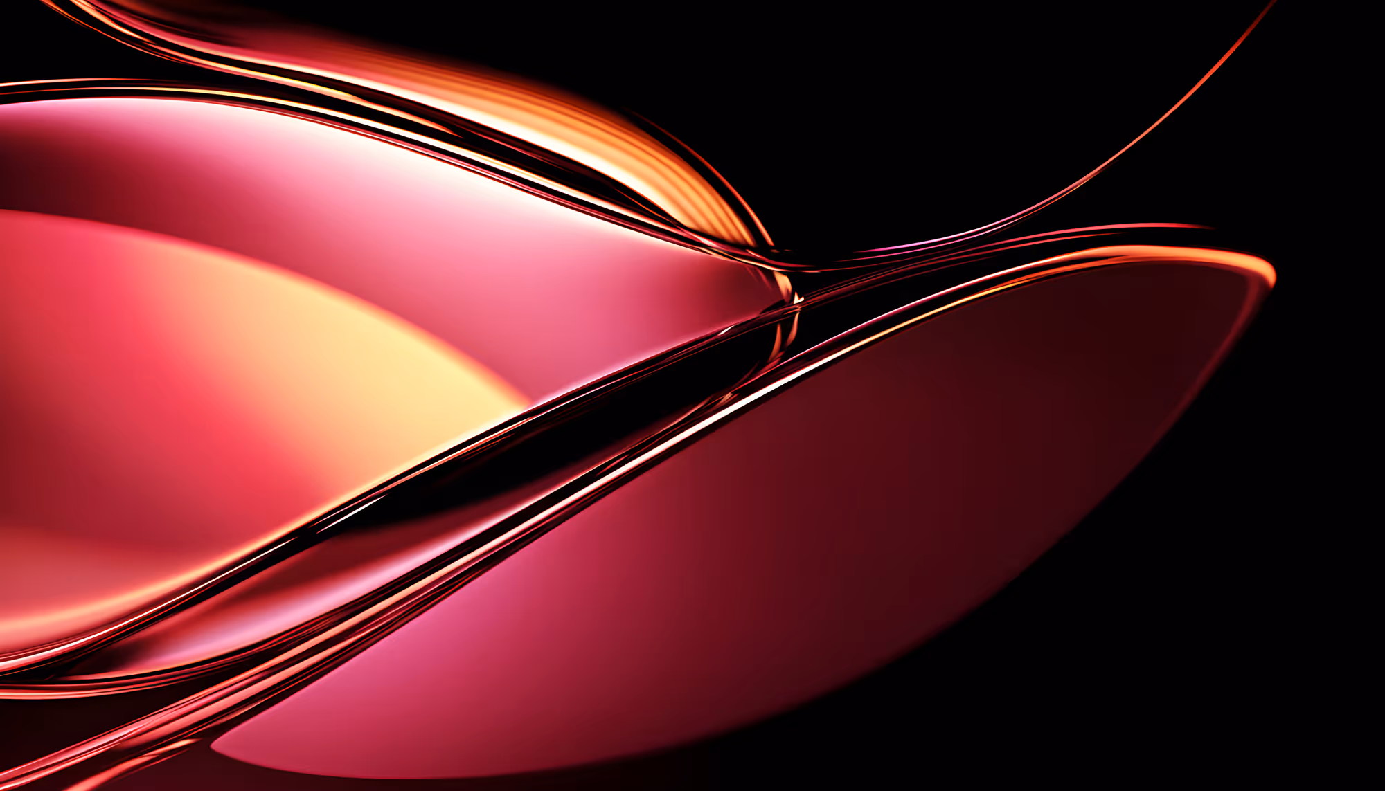 Abstract 3D render of smooth, glossy curved surfaces in deep crimson and magenta tones with warm golden highlights, flowing elegantly against a black background.
