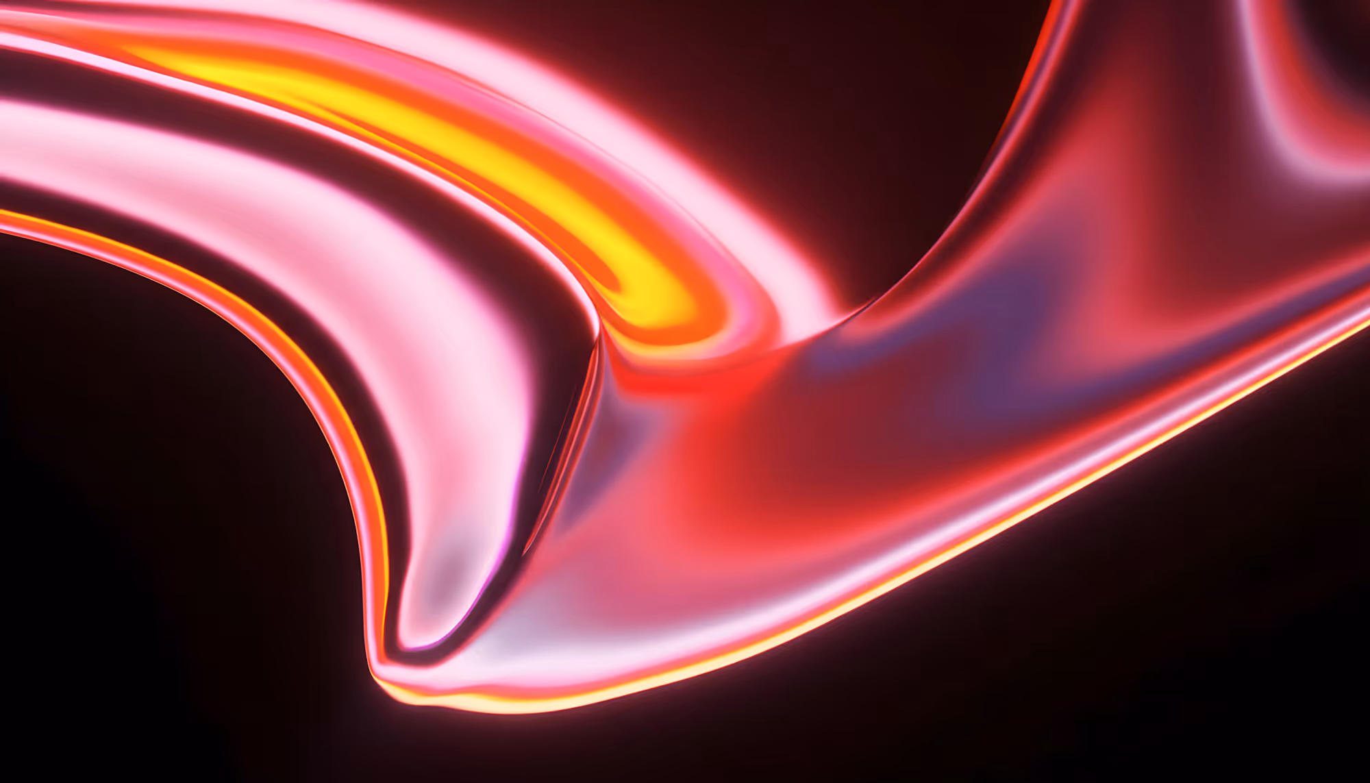 Abstract 3D render of fluid, ribbon-like forms with glowing edges in warm tones of red, orange, yellow, and pink against a dark background, creating a dynamic sense of motion and luminosity.