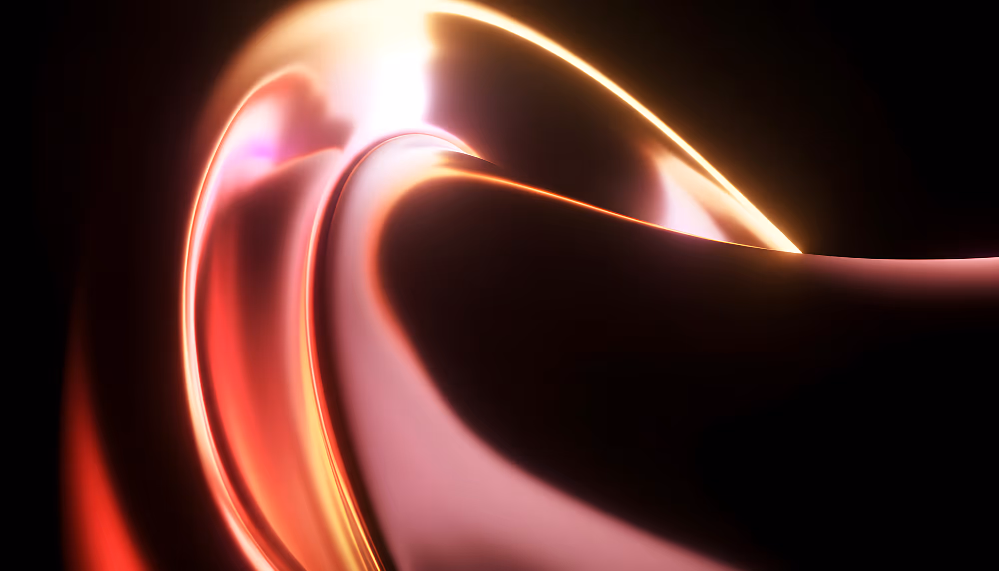 Abstract 3D render of smooth, flowing curved forms in deep red and burgundy tones, illuminated by a bright warm golden-white light source at the top, creating dramatic contrast against a black background with glowing rim lighting along the edges of the shapes.