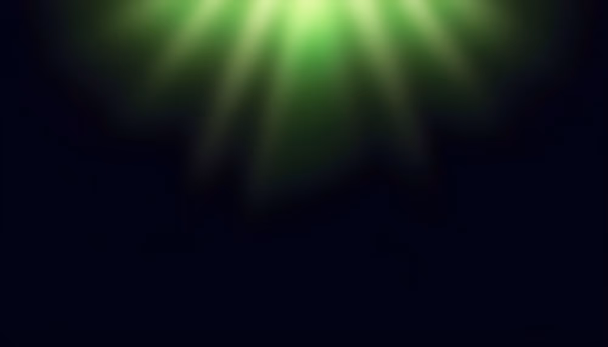Bright green light rays radiating downward from the top center against a dark black background, creating a dramatic spotlight effect.