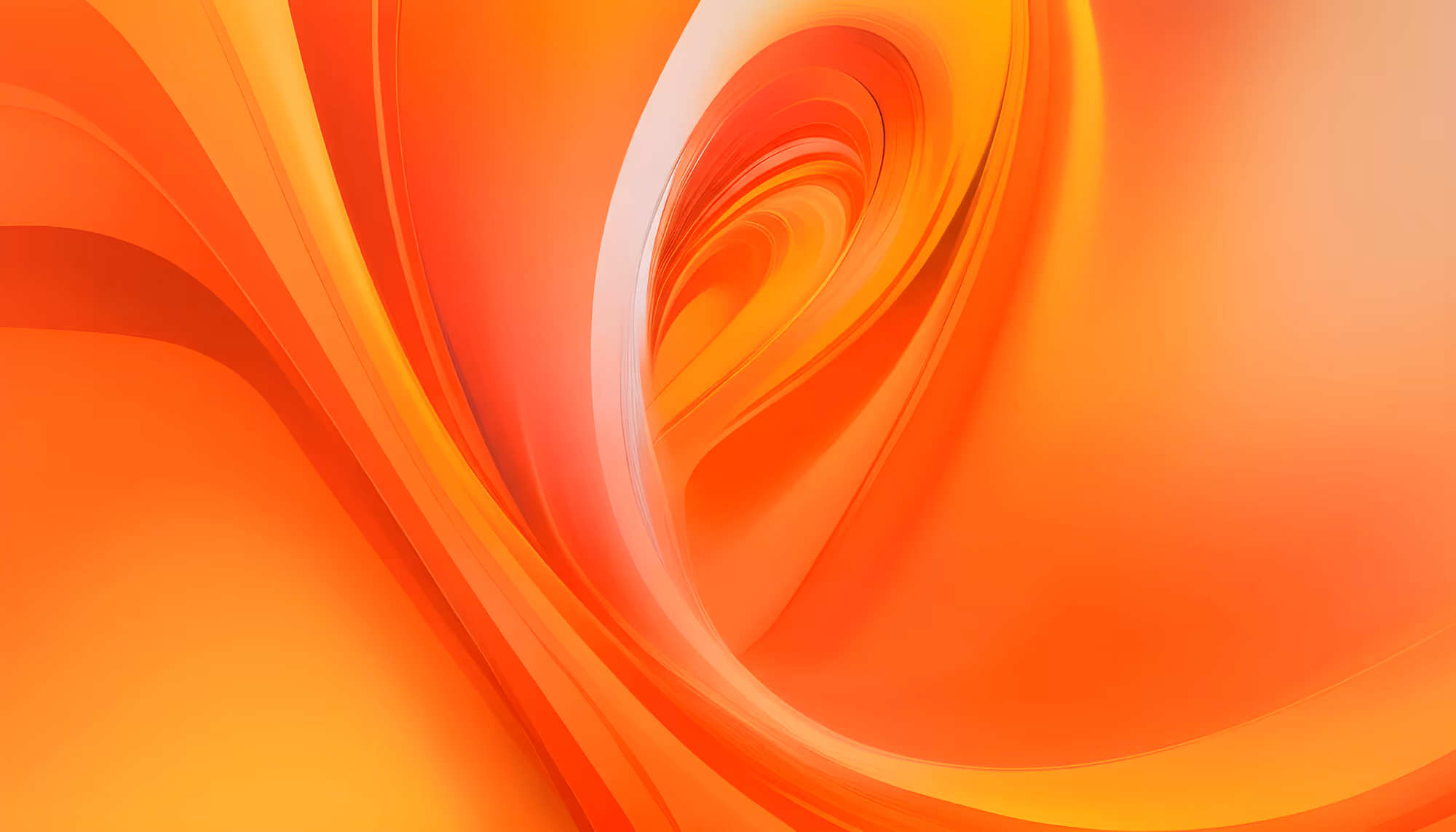 Abstract swirls of vibrant orange and yellow create a dynamic and fluid design, evoking warmth and energy. The composition feels smooth and flowing.