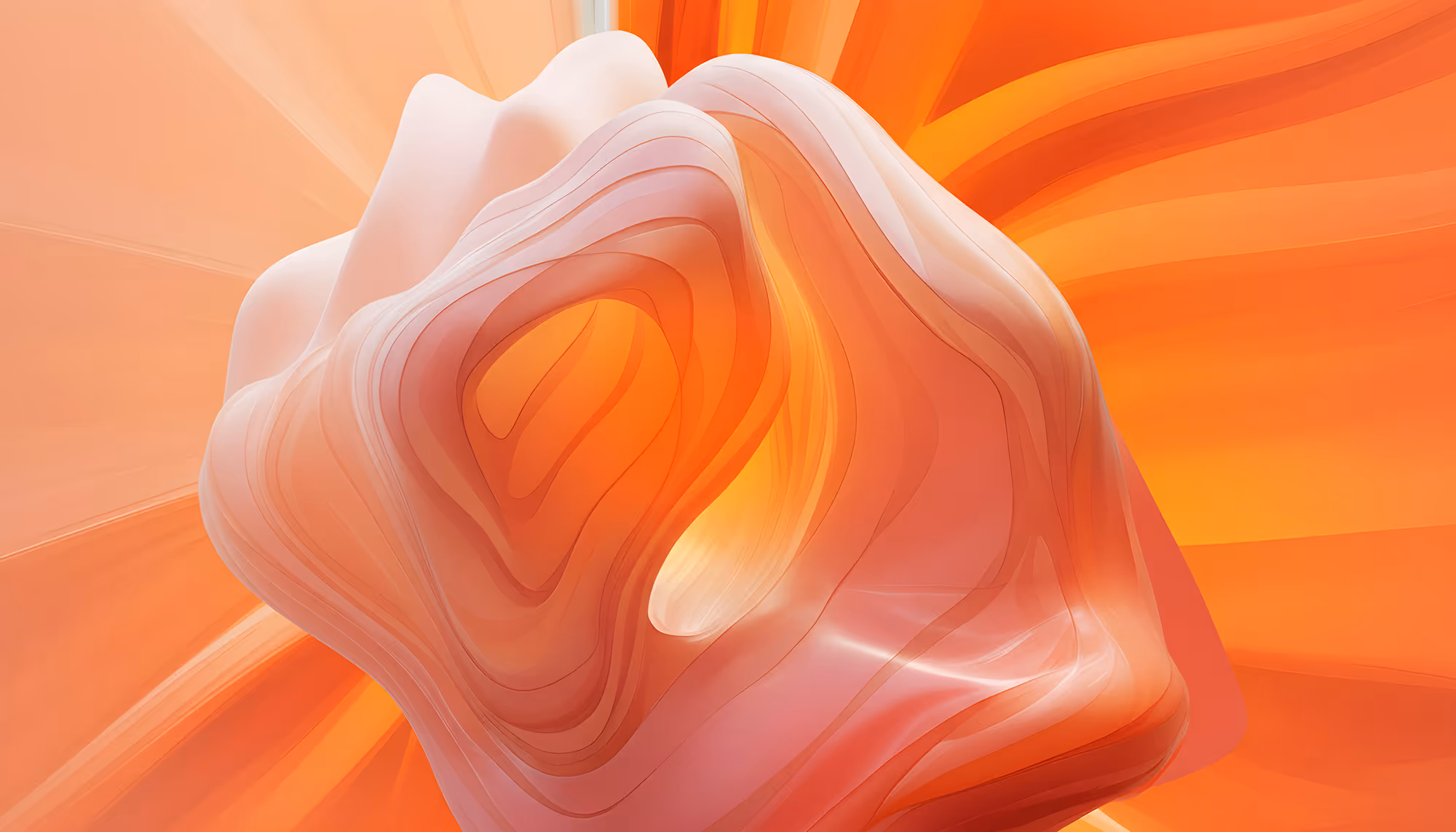 Abstract 3D rendering with flowing, translucent layers in shades of orange and pink, creating a soft, fluid, and dynamic visual. Warm and vibrant tone.