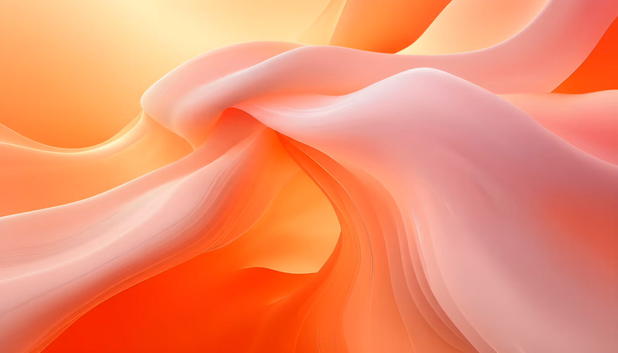 Abstract image of smooth, flowing layers in soft pink and orange hues. The seamless curves create a serene and elegant visual, resembling delicate fabric.