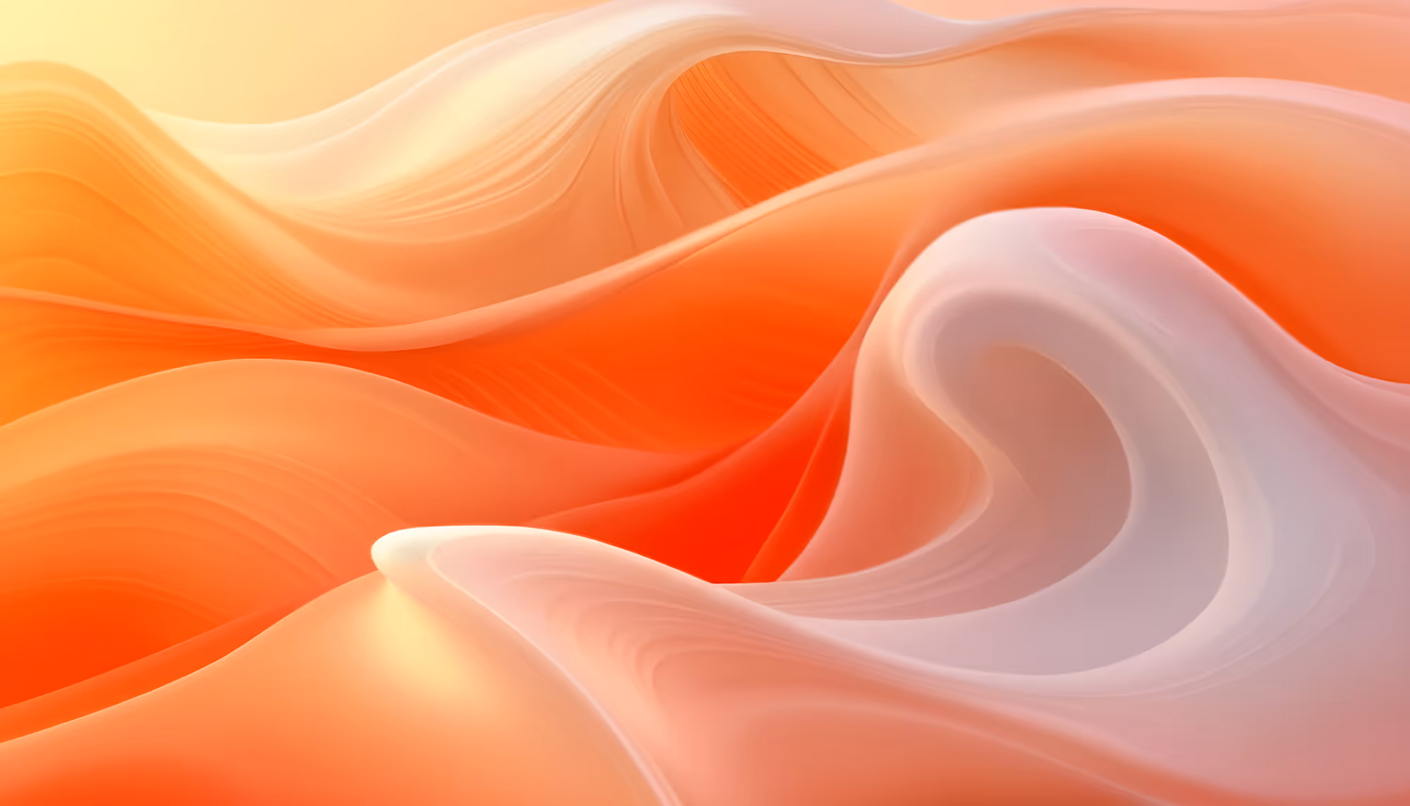 Abstract image of smooth, flowing waves in shades of red, orange, and white. The gradient gives a warm, serene feel, evoking a gentle sunset.