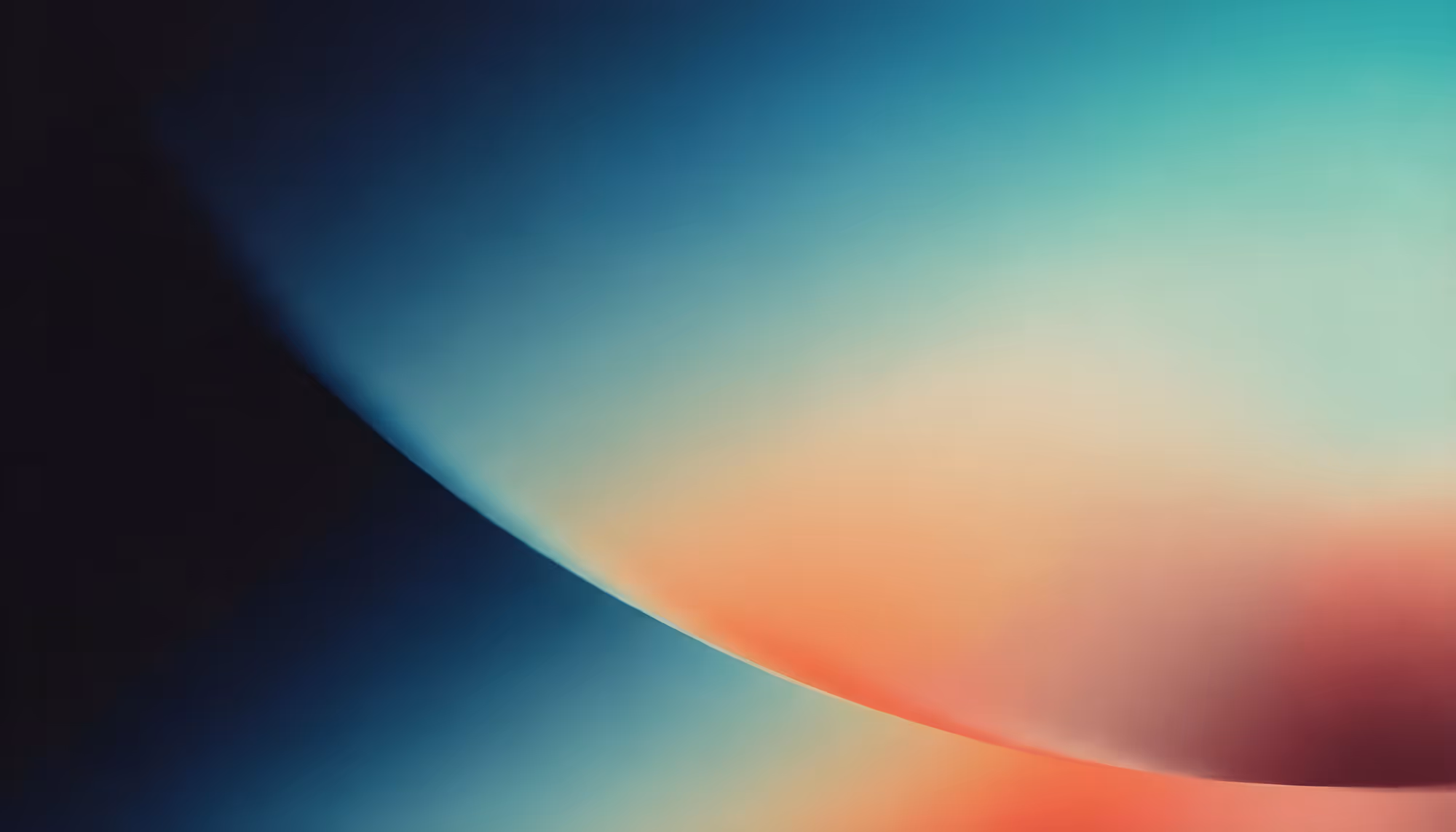 Abstract image with a gradient of blue, teal, and coral hues forming smooth curves. It conveys a calm, serene, and ethereal atmosphere.
