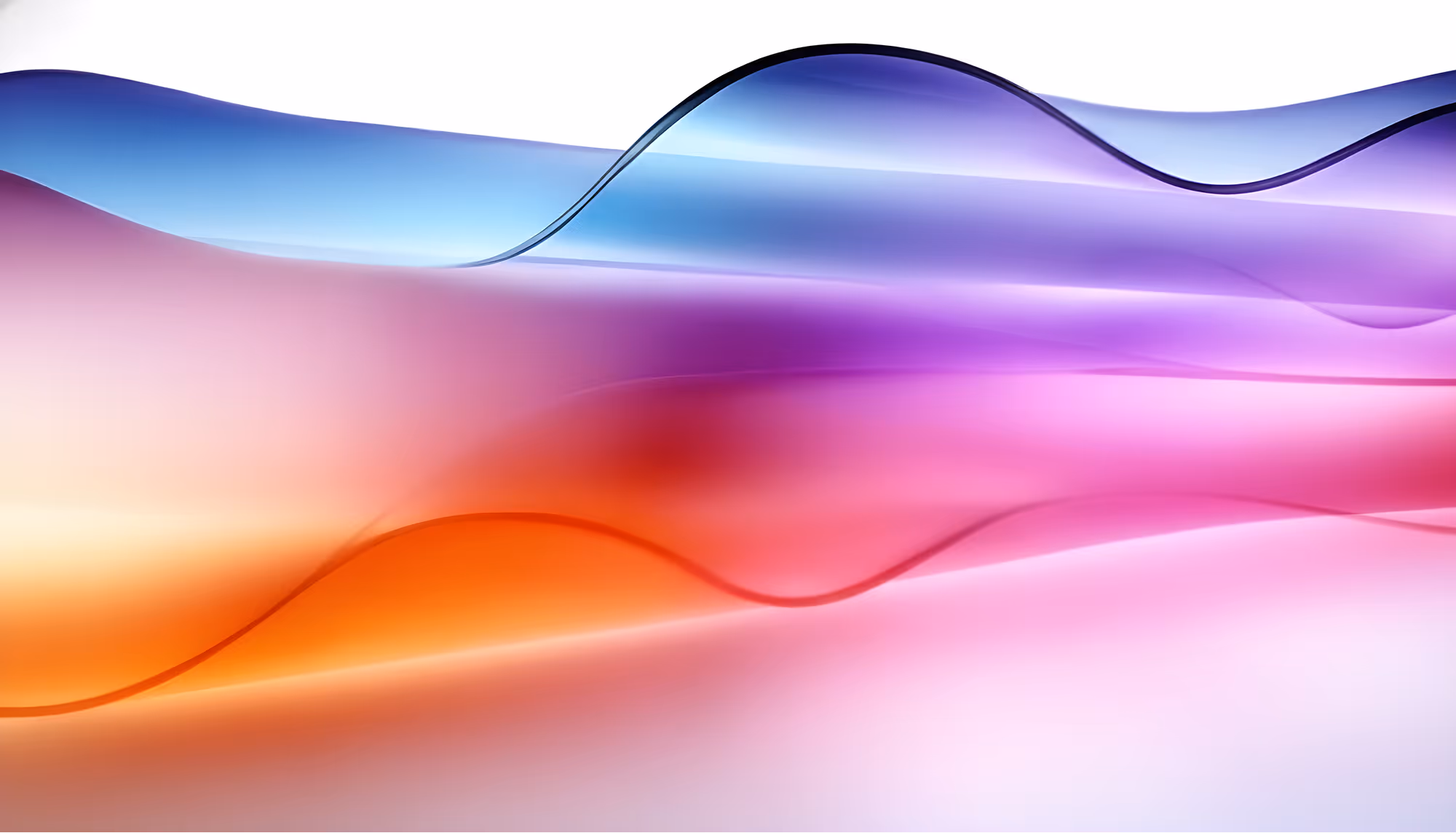 Abstract image with smooth, wavy lines in blue, purple, pink, and orange gradients on a white background, creating a calm, flowing effect.