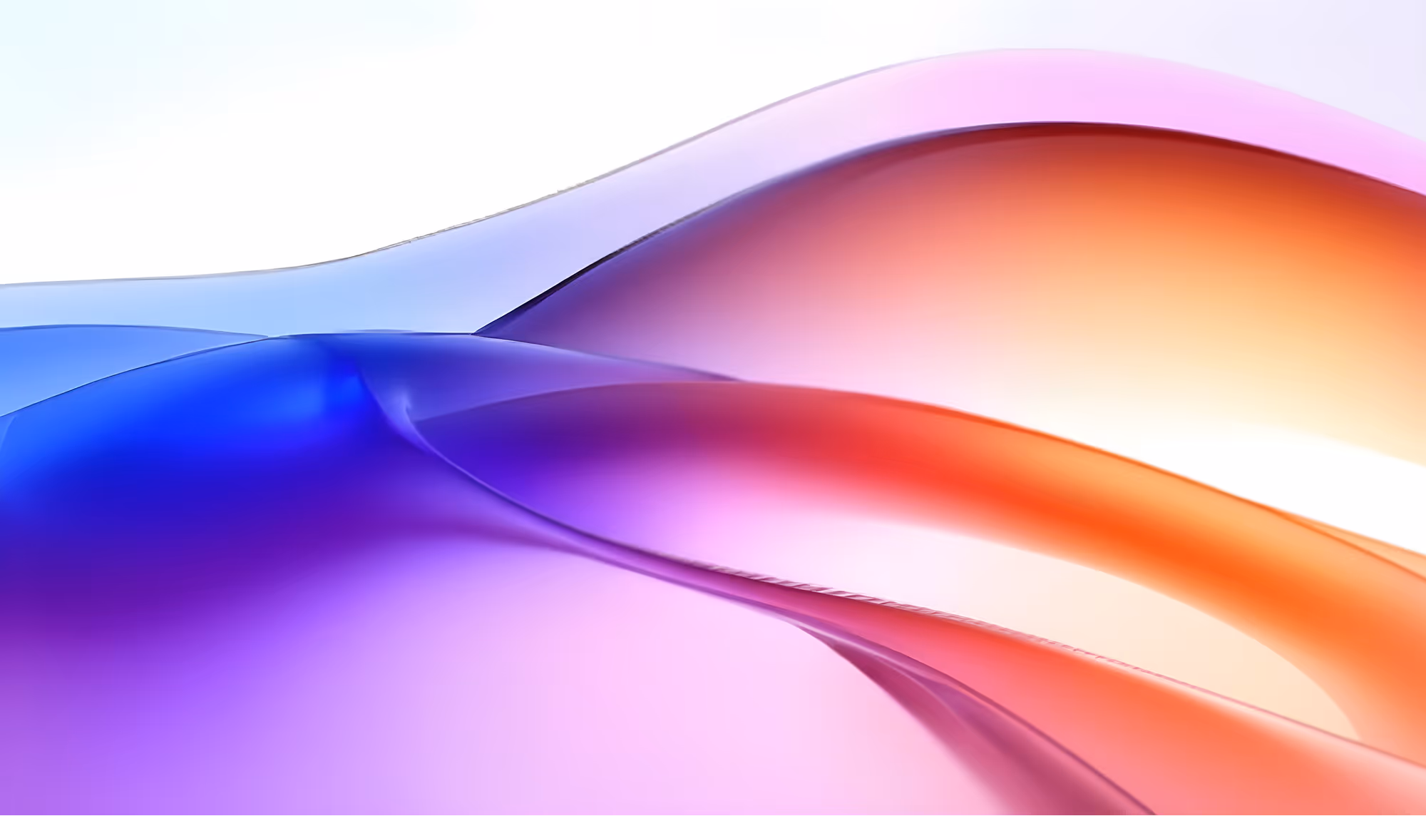 Abstract image of flowing waves in blue, purple, and orange hues. The smooth gradients create a serene and dynamic visual effect against a light background.