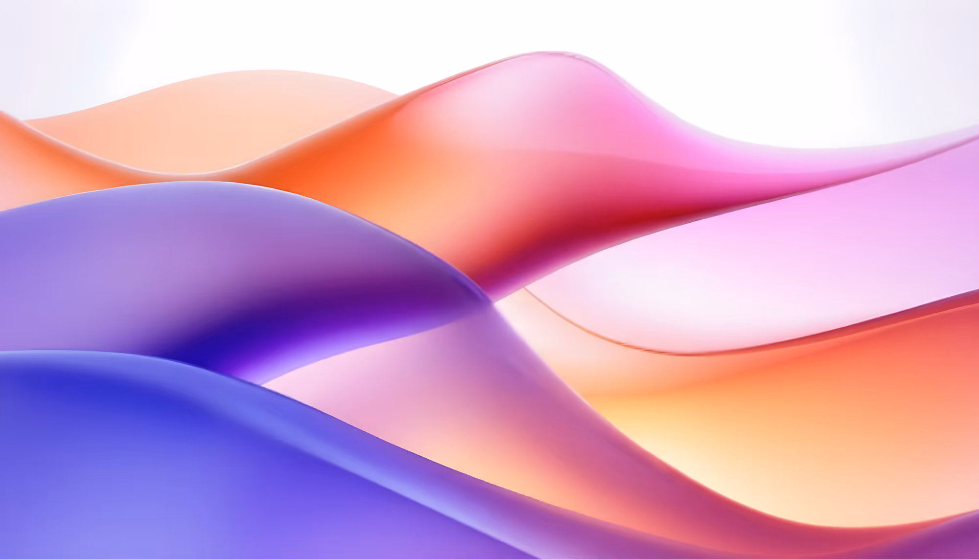 Abstract waves in vibrant shades of pink, orange, and purple flow smoothly, creating a serene and dynamic visual effect against a white background.