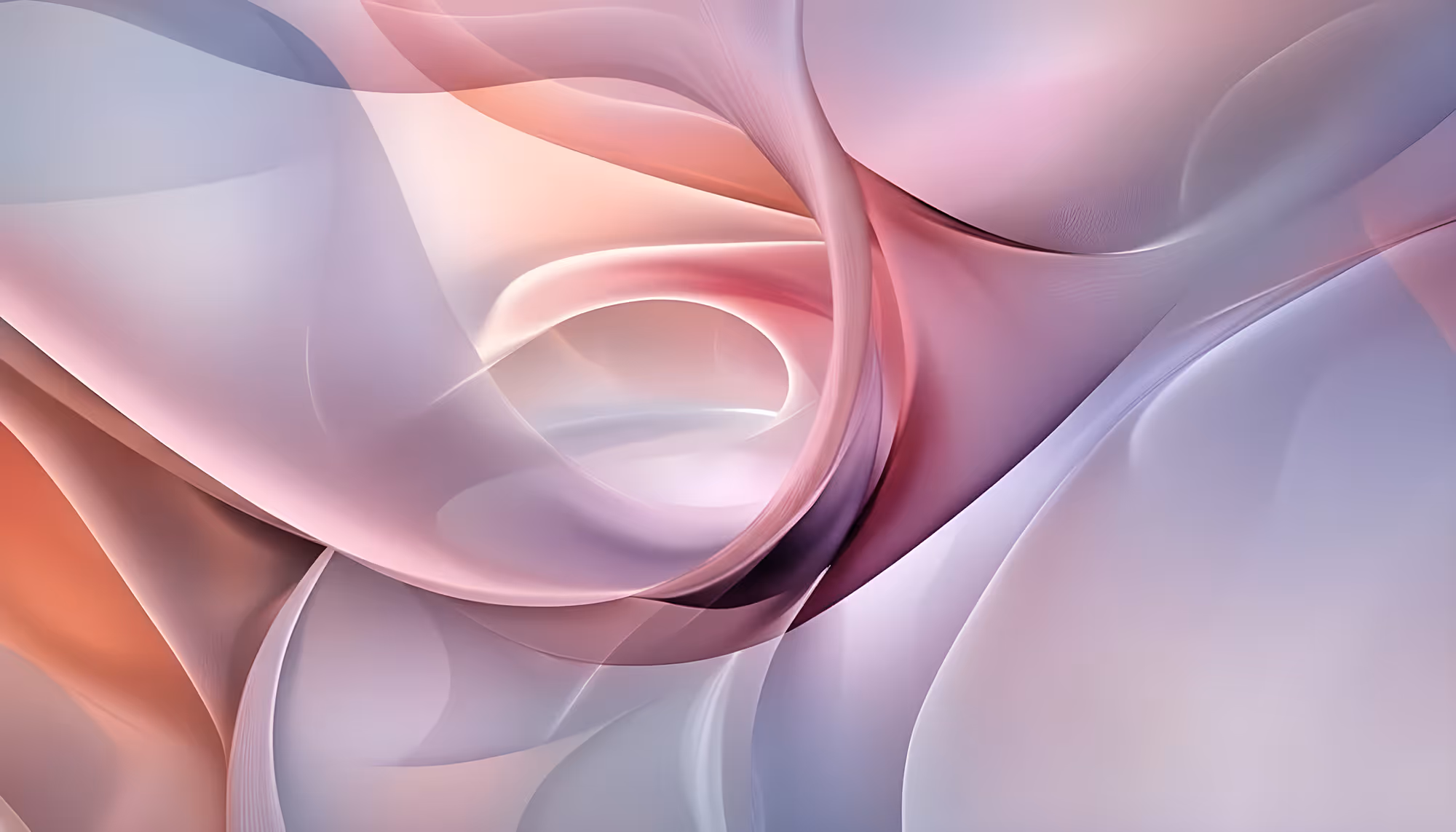 Abstract image featuring flowing, translucent swirls in soft pastel colors like pink, purple, and peach. The overlapping curves convey a sense of calm and fluidity.
