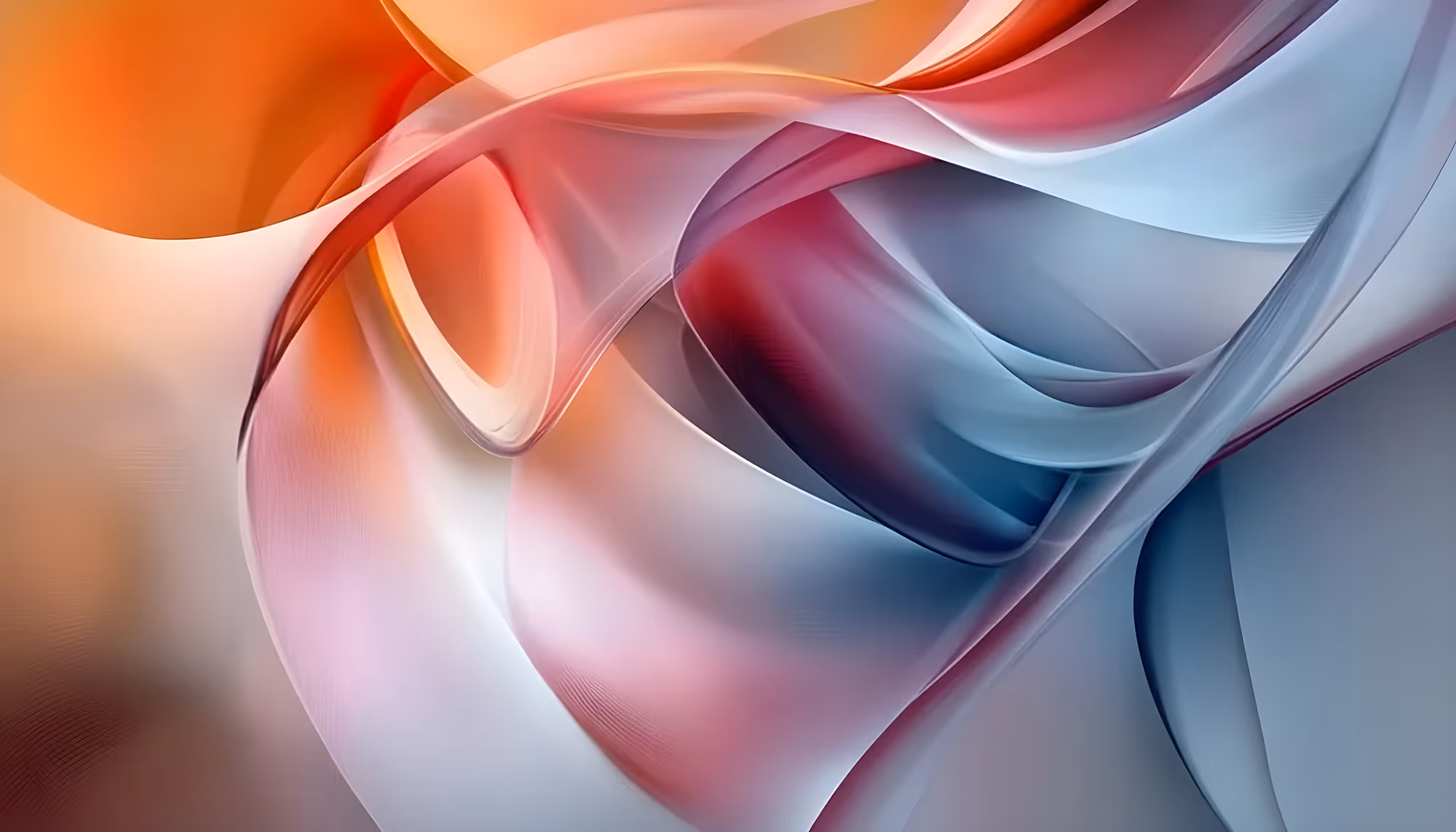 Abstract image with flowing curves in vibrant shades of red, orange, and blue, creating a sense of movement and energy. The smooth transitions evoke a calm yet dynamic atmosphere.