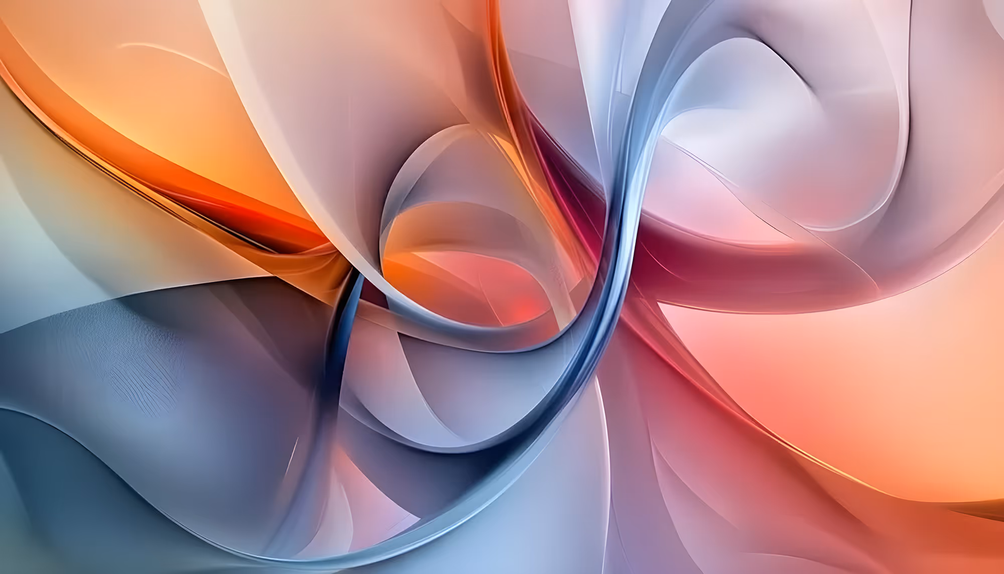 Abstract image with flowing, intertwined ribbons in soft pastel hues of blue, pink, and orange. The composition creates a dynamic and calming effect.