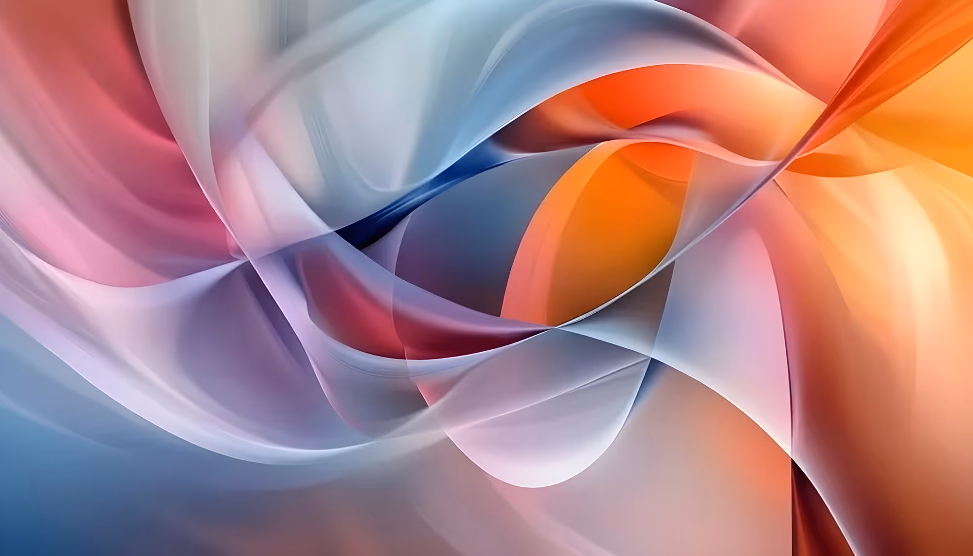 Abstract image with swirling ribbons in vibrant shades of pink, orange, and blue. The fluid motion creates a dynamic, harmonious, and energetic feel.