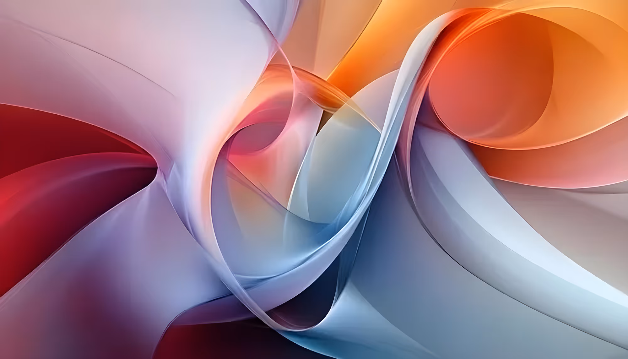 Abstract image with swirling, translucent ribbons in red, blue, orange, and gray tones. The flowing shapes create a dynamic and calming visual effect.