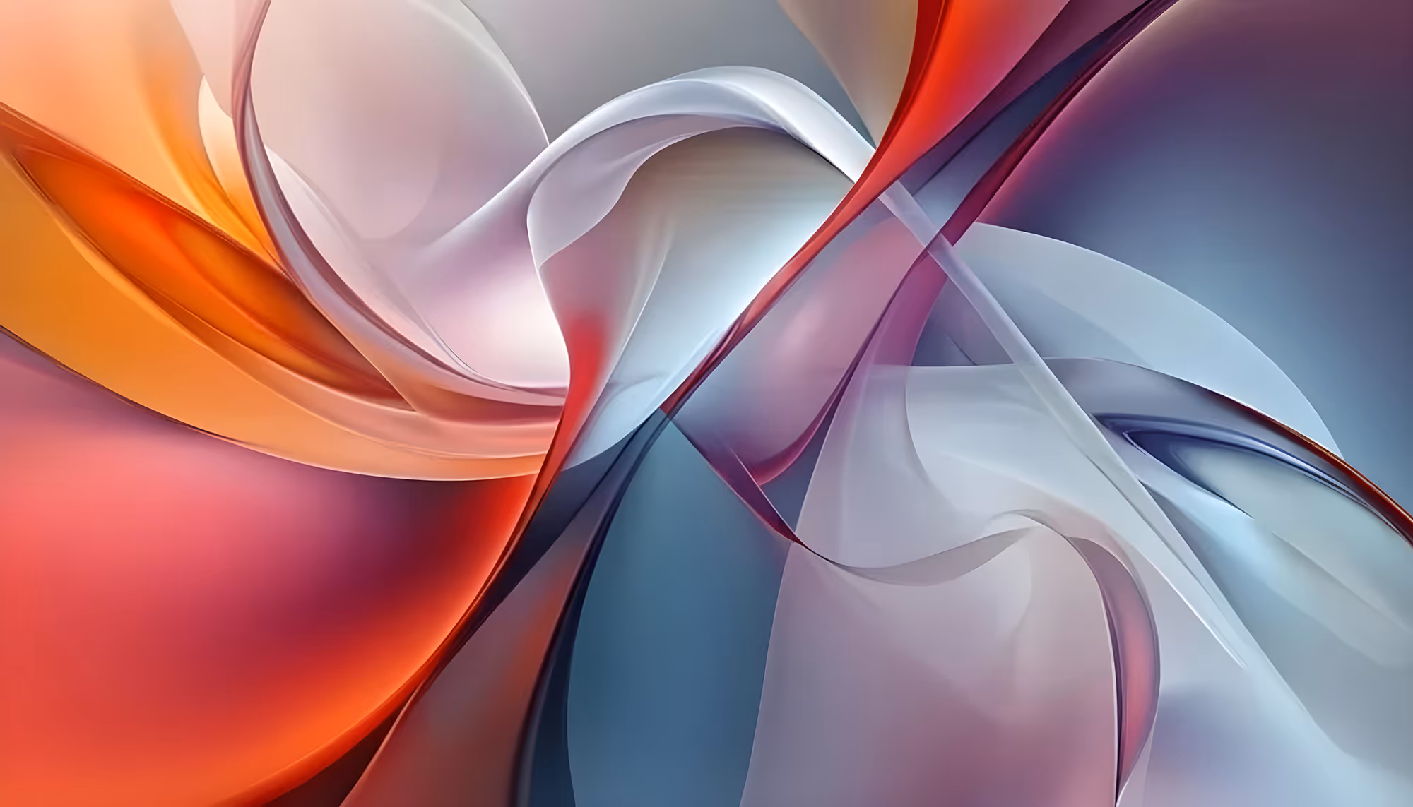 Abstract image of swirling, smooth ribbons in red, orange, blue, and gray tones, creating a dynamic and flowing composition.