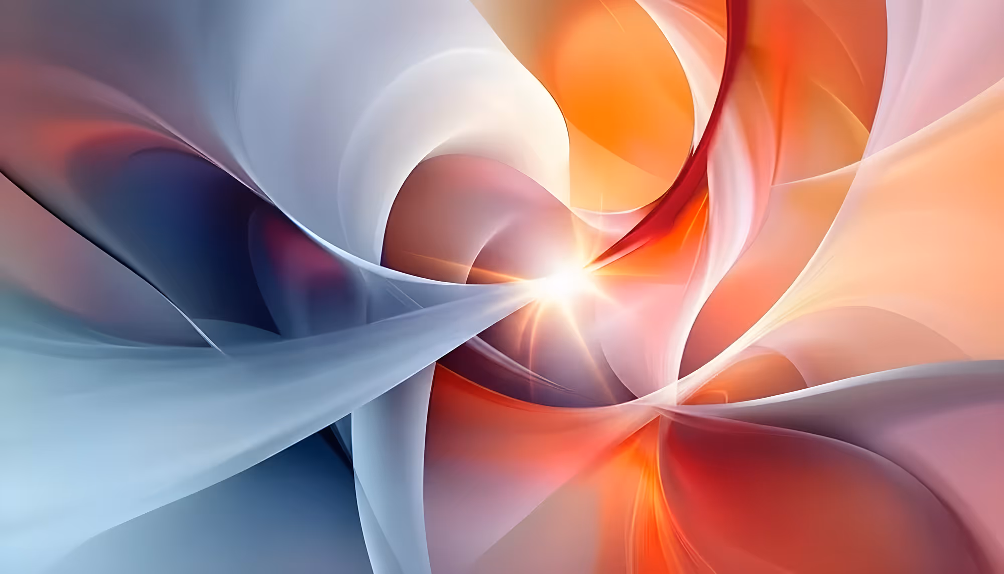 Abstract digital art with swirling colors of red, white, blue, and orange converging at a bright focal point, creating a sense of dynamic motion and energy.