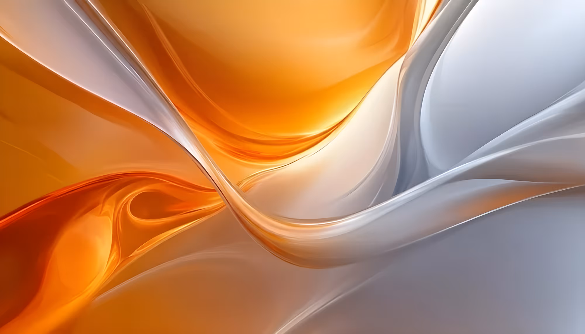 Abstract digital art with flowing swirls of orange and silver, creating a dynamic and smooth pattern. The image conveys a sense of fluidity and elegance.