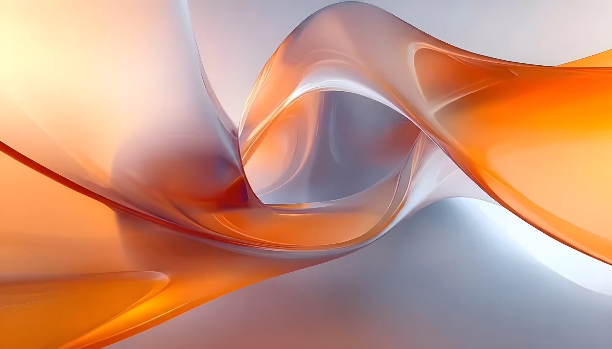 A vibrant abstract image with flowing, intertwined ribbons of orange and gray. The dynamic, wavy shapes create a sense of movement and energy.