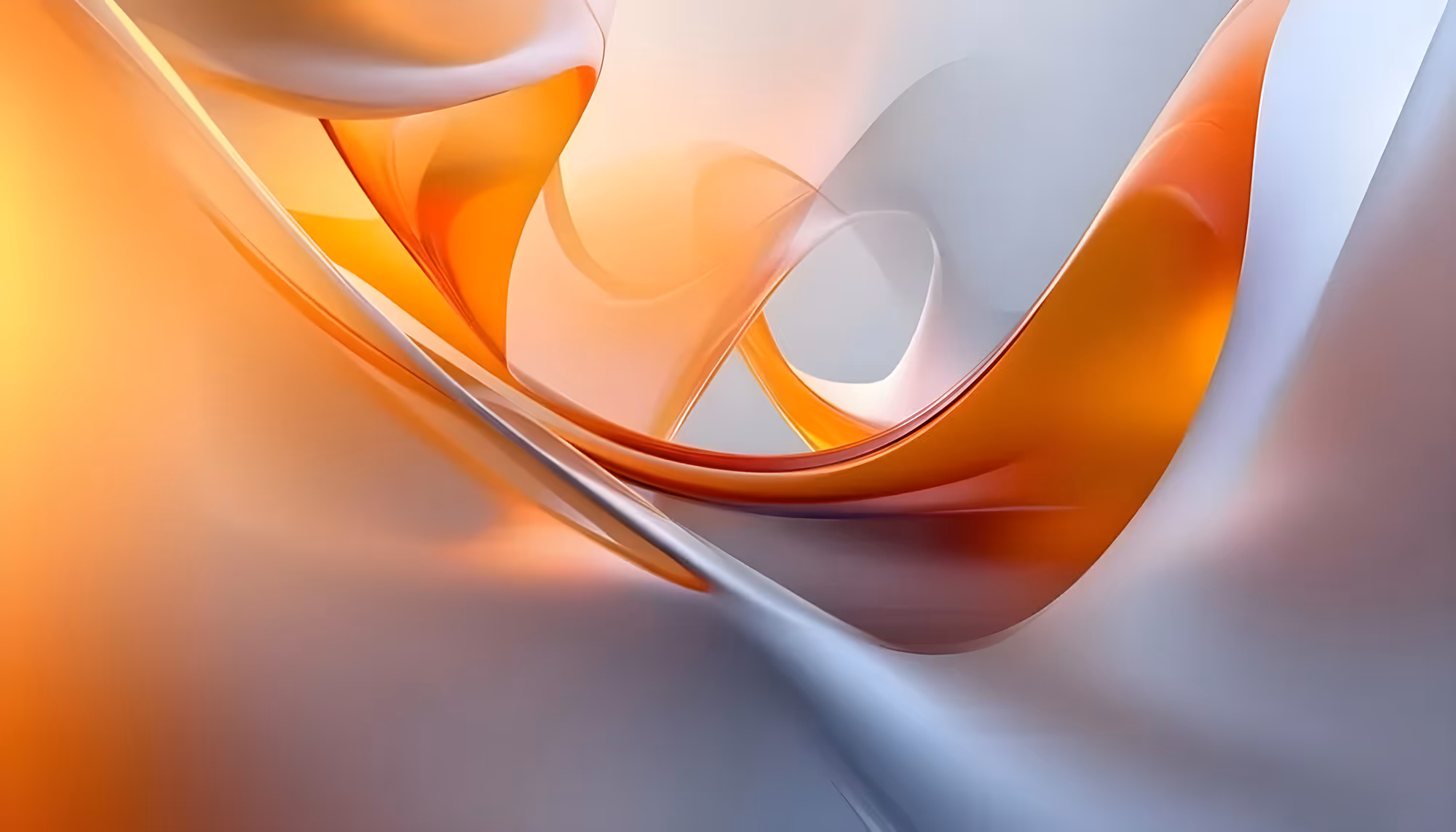Abstract image with swirling shapes in orange and white, creating a smooth, flowing pattern. The composition feels dynamic and evokes a sense of movement.