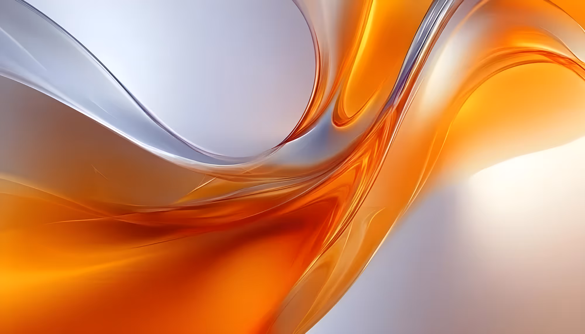 Abstract image with smooth, flowing waves of orange and silver hues. The fluid shapes create a sense of movement and elegance, evoking a calm, modern feel.
