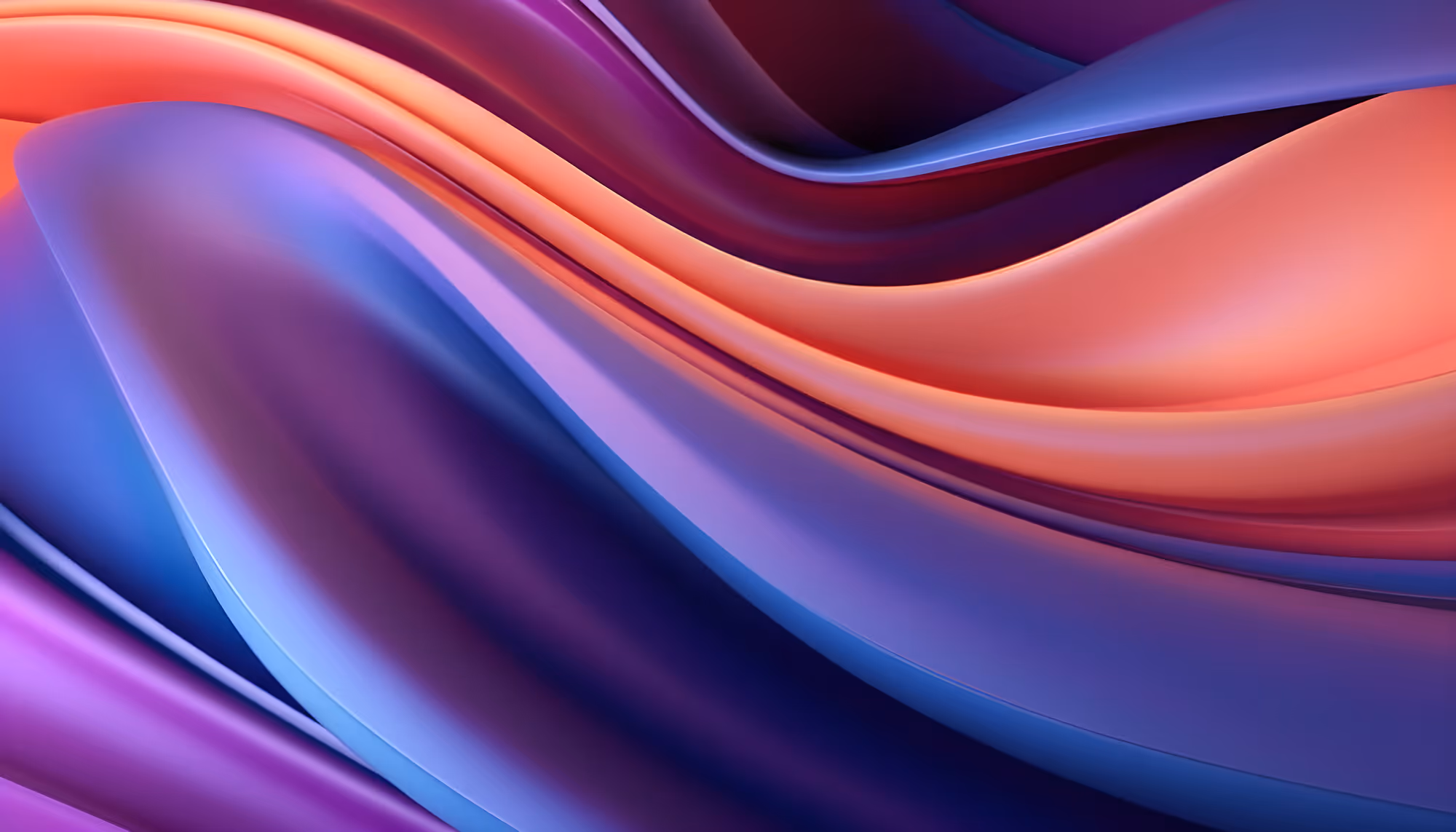 Abstract image of smooth, flowing waves in vibrant purple, blue, and orange hues, creating a serene and dynamic visual with a sense of movement.