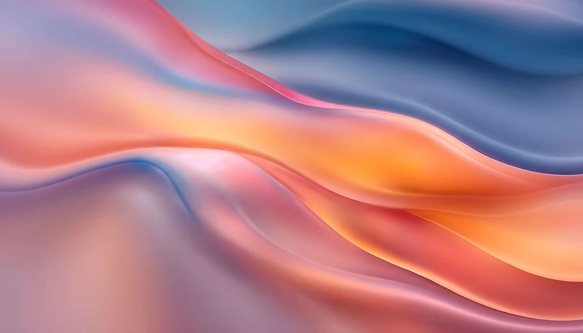 Abstract waves of vibrant colors blend seamlessly, featuring shades of pink, blue, and orange, creating a smooth, flowing, and tranquil visual effect.