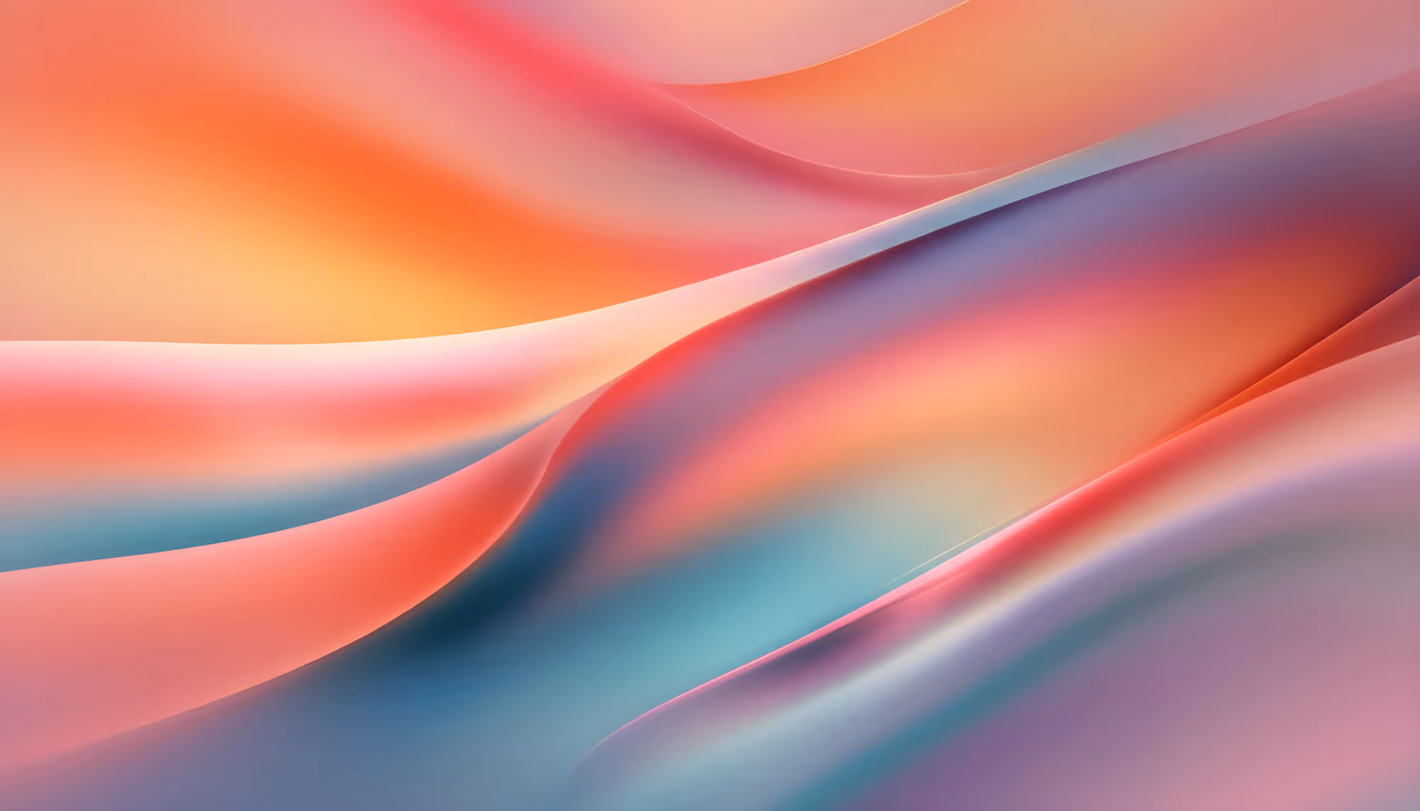 Abstract image with smooth, flowing waves of pastel colors, including pink, orange, and blue. The blend creates a soft, serene, and harmonious atmosphere.