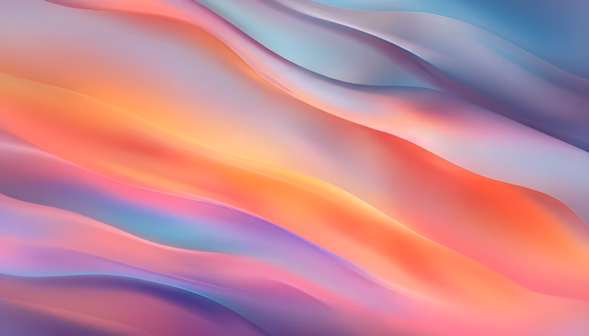 Abstract image of smooth, flowing waves in gradient colors of pink, orange, purple, and blue. The soft, blended hues evoke a serene and calming atmosphere.