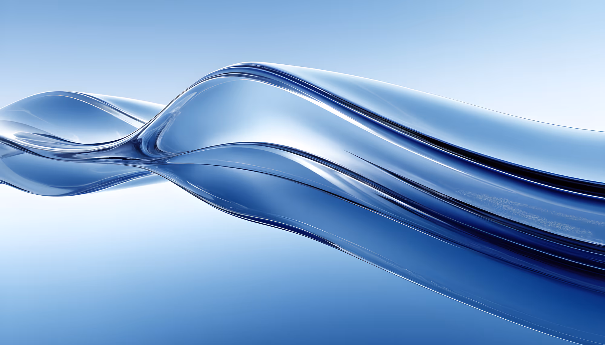 Abstract image of smooth, flowing blue glass-like waves against a light blue background, conveying a serene and fluid, yet dynamic, aesthetic.