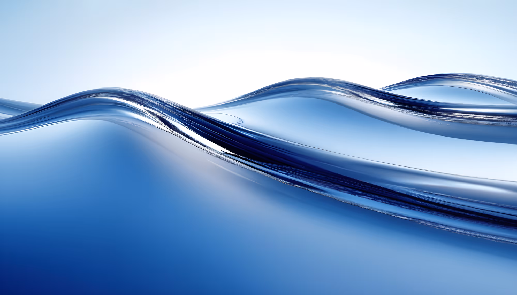 Smooth, glass-like blue waves against a pale blue background, creating a calm and serene abstract scene, evoking a sense of tranquility and fluidity.